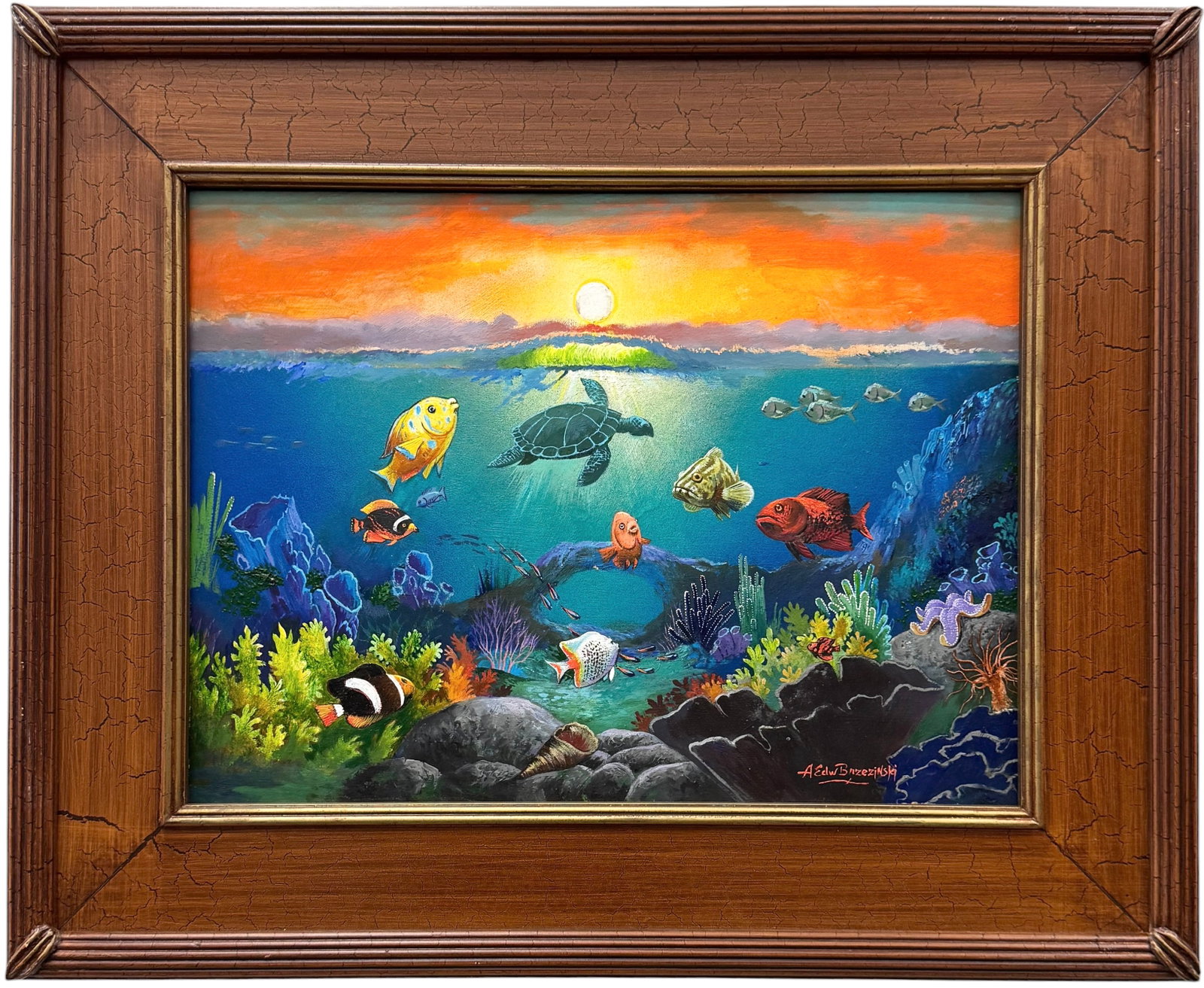 ANTON BRZEZINSKI (b. 1946, Polish American) Luminist Underwater Scene With Fish: Oil painting on board 16 x 11 1/2 in, 22 x 18 in (framed). Domestic Flat Shipping Price: $65