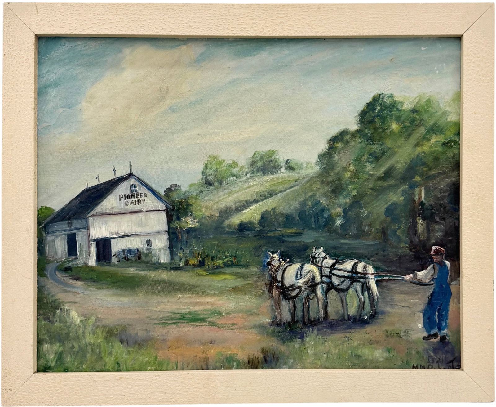 Vintage 20th Century American Dairy Farm Landscape Oil On Board: Oil painting on board 20 x 16 in, 22 x 18 in (framed). Domestic Flat Shipping Price: $55