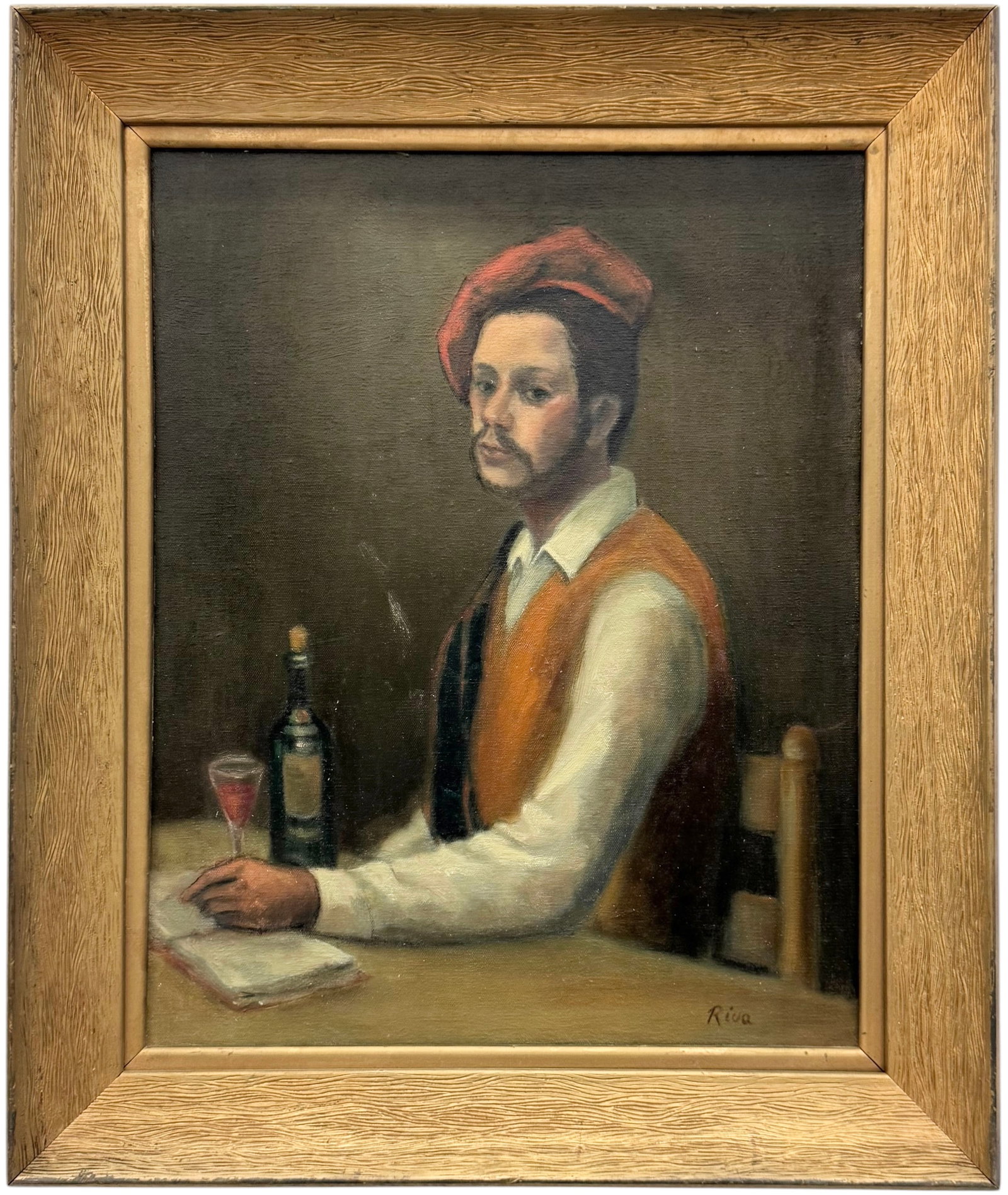 RIVA WOLF Vintage Portrait Of A Man Drinking Wine: Oil painting on canvas 20 x 16 in, 25 x 21 in (framed). Domestic Flat Shipping Price: $60