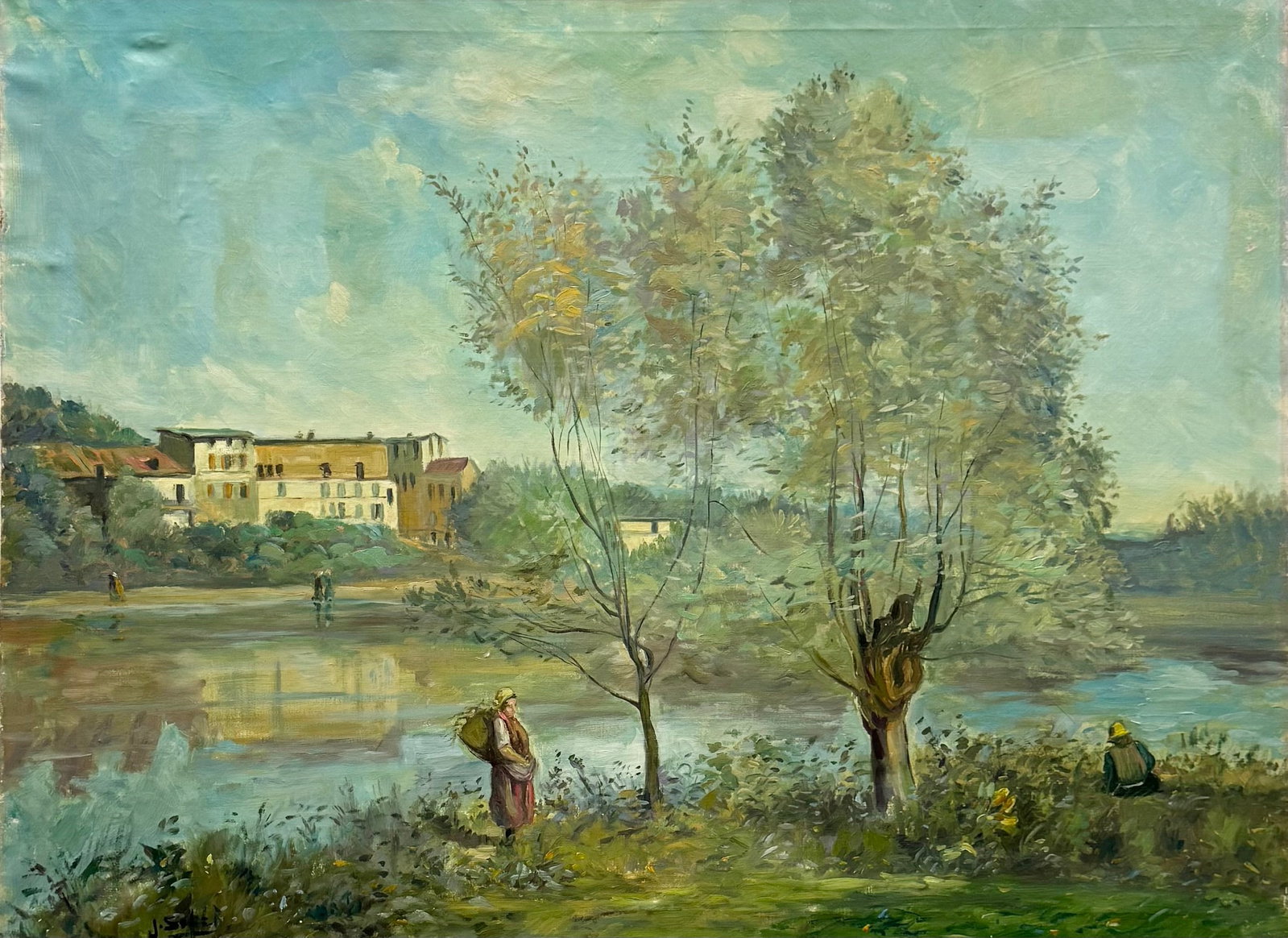 Large Early 20th Century Italian School Landscape Signed Oil on Canvas: Oil painting on canvas 47 1/2 x 35 1/2 in. Domestic Flat Shipping Price: $140