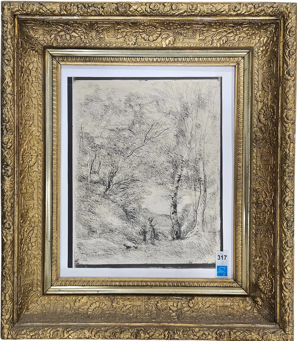 Jean-Baptiste-Camille Corot, The Gardens of Horace Cliché-Verre: Size 14 1/2 x 12 in, 24 1/4 x 21 1/2 in (framed). Domestic Flat Shipping Price: $80 *Due to an incomplete sale from our last auction (non-item related), this piece is being offered again.
