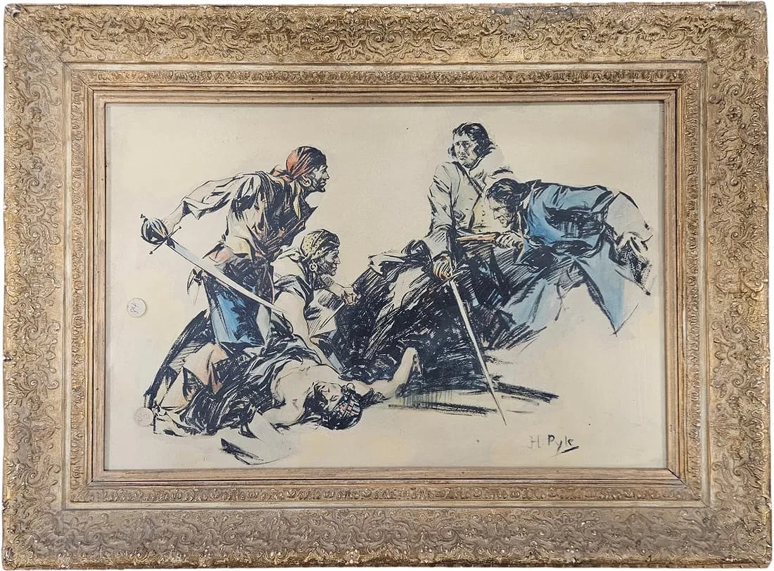 Attr HOWARD PYLE (1853-1911, American) Pirates Illustration: Size 23 x 15 in (sight), 30 5/8 x 22 3/4 in. This was brought into our New Jersey gallery by one of our Philadelphia area consigners. Pyle did a series of illustrations on Pirates. We could not find a