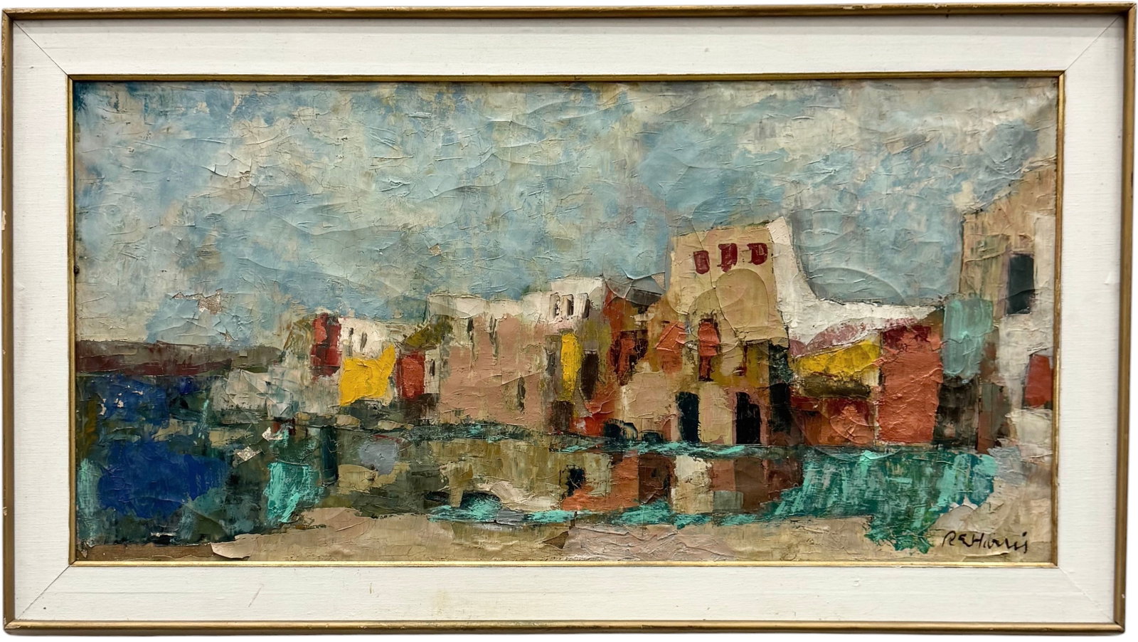 Southern European Impressionist Coastal Scene Signed Oil On Canvas: Oil painting on canvas 39 1/2 x 19 1/2 in, 45 x 25 in (framed). Domestic Flat Shipping Price: $120