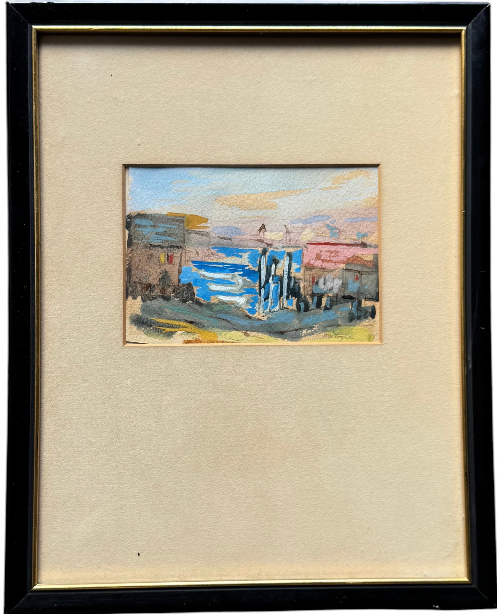 Early 20th Century European School Impressionist Harbor Scene Signed Illegibly: Mixed media on paper 6 1/2 x 4 1/2 in (sight), 15 x 12 in (framed). Domestic Flat Shipping Price: $55