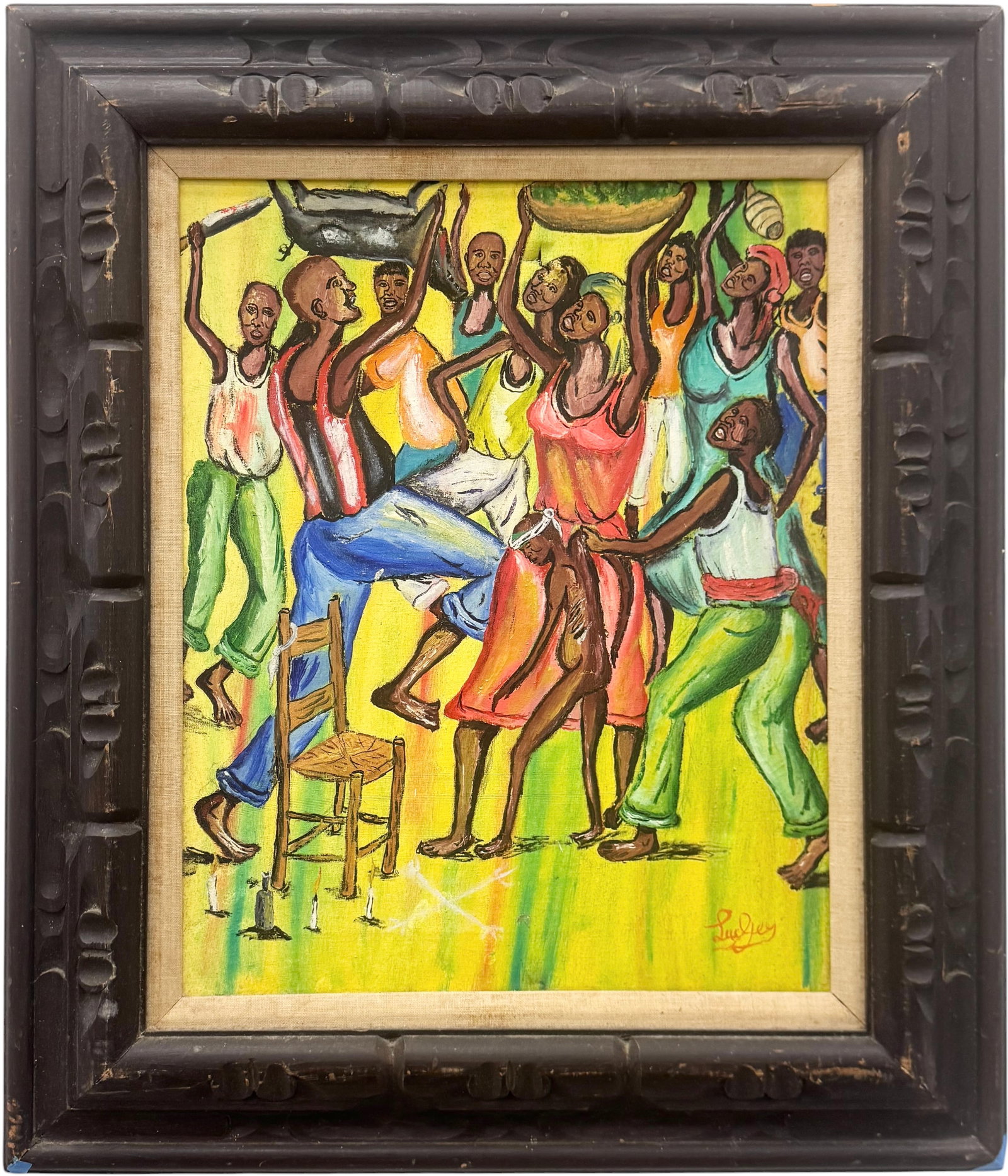 Mid-Century Haitain School Voodoo Dance Signed Oil On Canvas: Oil painting on canvas 20 x 16 in, 28 x 24 in (framed). Domestic Flat Shipping Price: $80