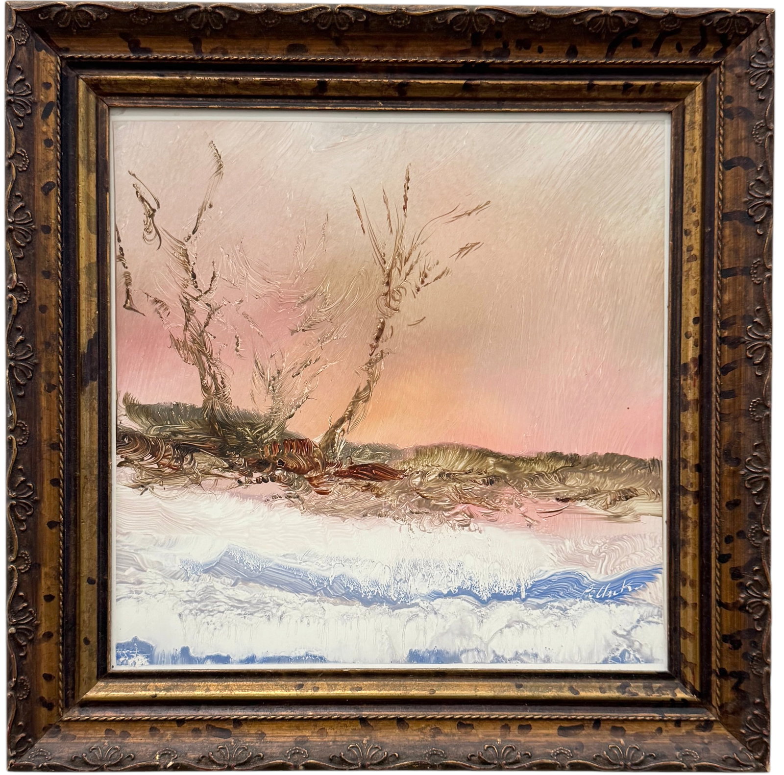 REGINALD POLLACK (1924-2001, American) Sunset In December: Oil painting on board 12 x 12 in, 15 1/2 x 15 1/2 in (framed). Domestic Flat Shipping Price: $55
