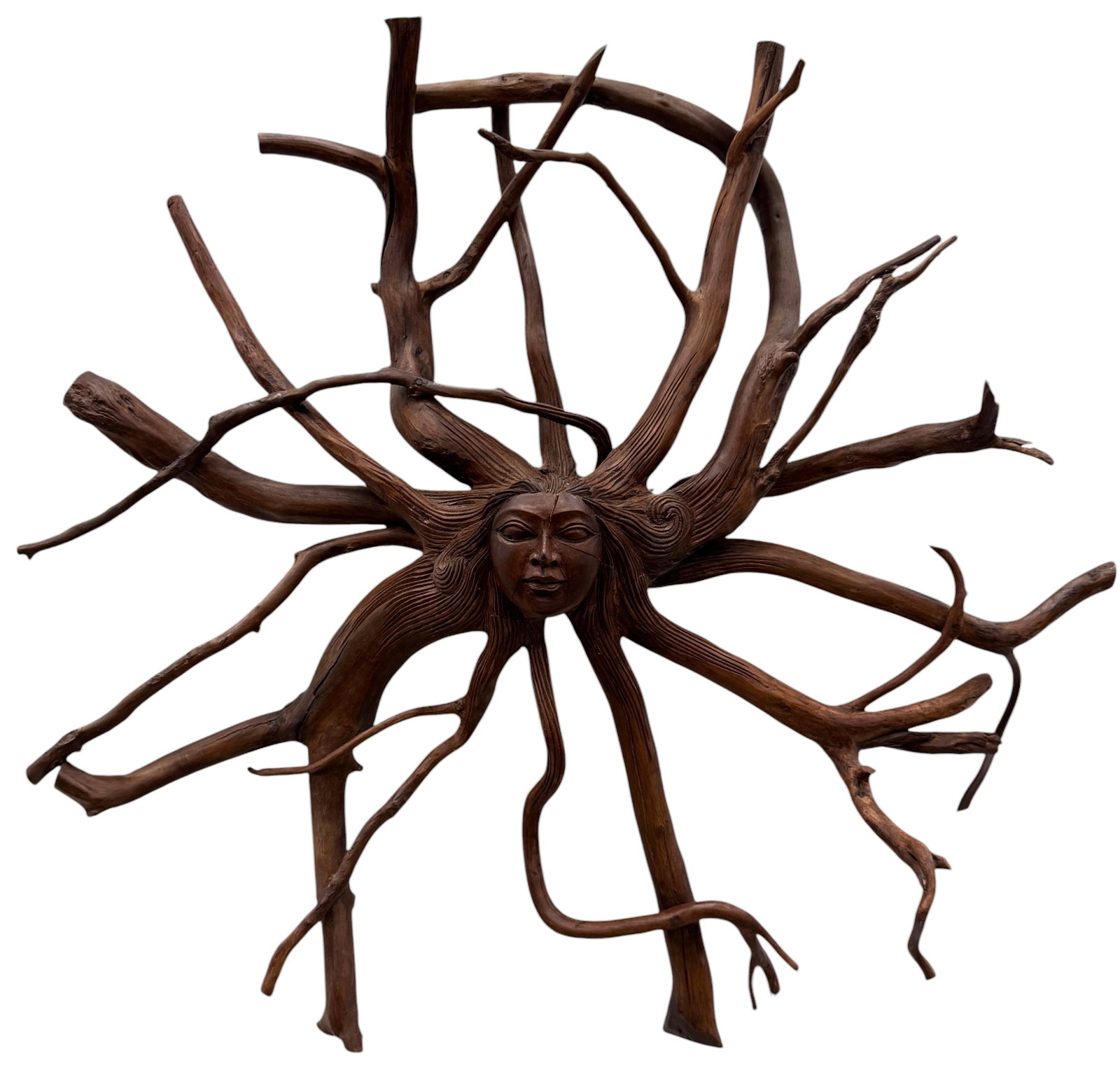 Balinese Sun Goddess Wood Carved Wall Sculpture: 34 x 6 in. Domestic Flat Shipping Price: $120