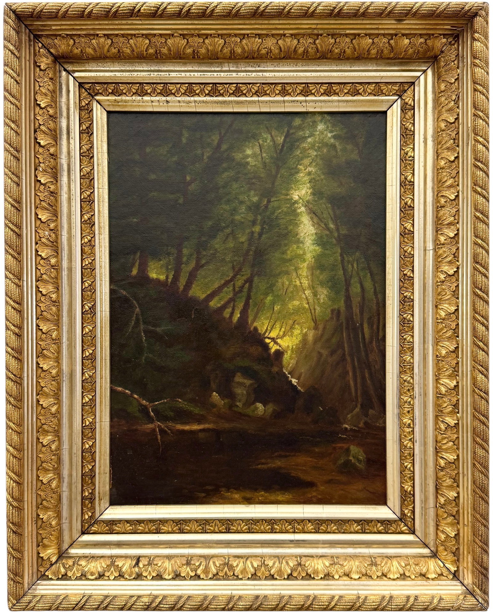 19th Century American School Forest Interior Landscape In Period Gold Frame: Oil painting on canvas 14 x 10 in, 19 1/2 x 15 1/2 in (framed). Domestic Flat Shipping Price: $55