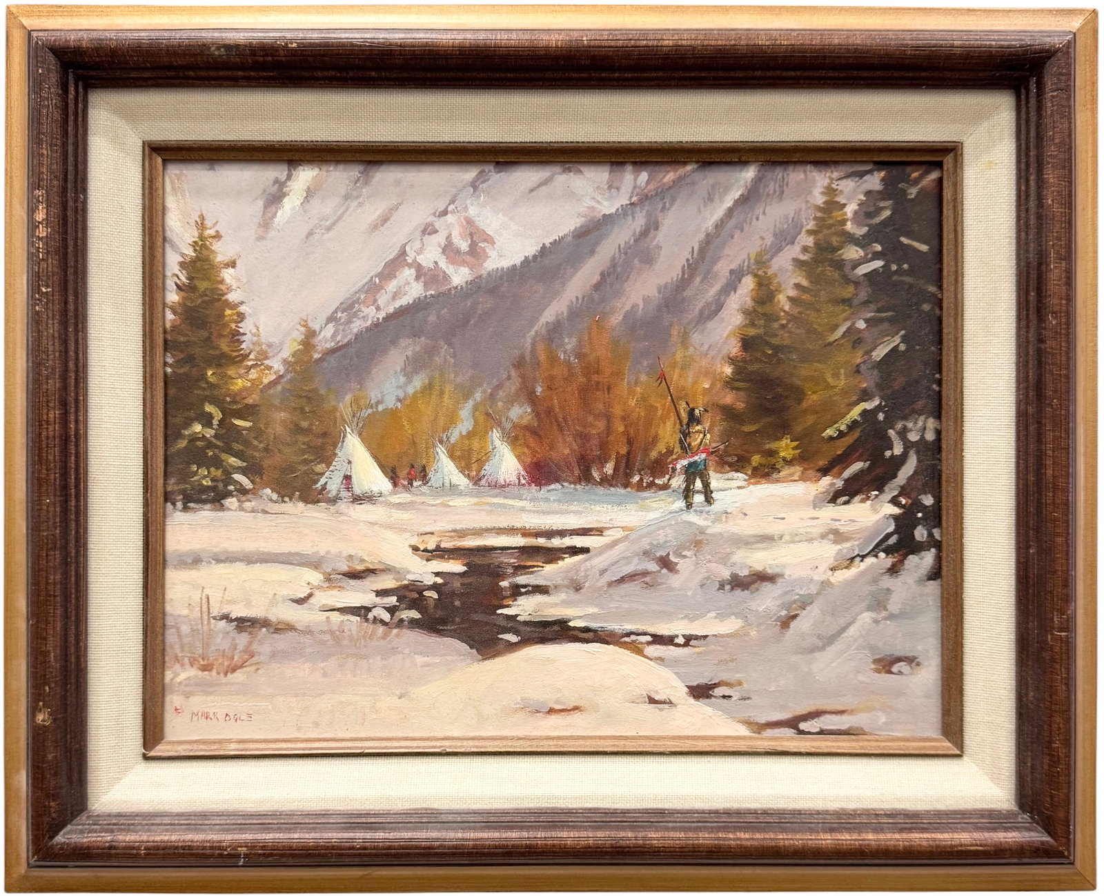 MARK OGLE (b. 1952, Montana) Native American Encampment During Winter: Mark Ogle, a renowned realist painter born in Helena, Montana, widely celebrated for his Western landscapes and depictions of historical frontier life. Oil painting on board 9 x 12 in, 15 x 18 in
