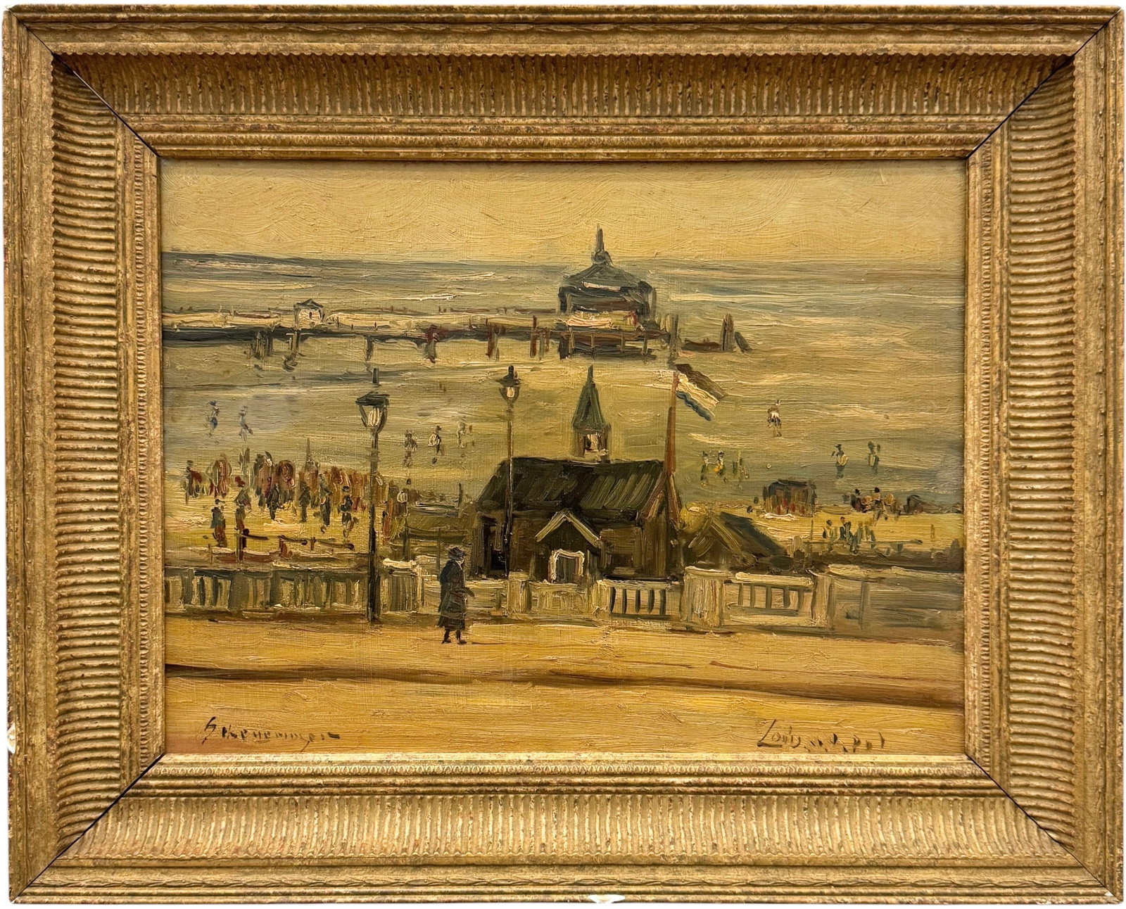 LOUIS VAN DER POL (1896-1982, Dutch) Scheveningen, Netherlands Beach Scene: Oil painting on board 17 3/4 x 13 1/4 in, 23 1/4 x 18 3/4 in (framed). Domestic Flat Shipping Price: $65