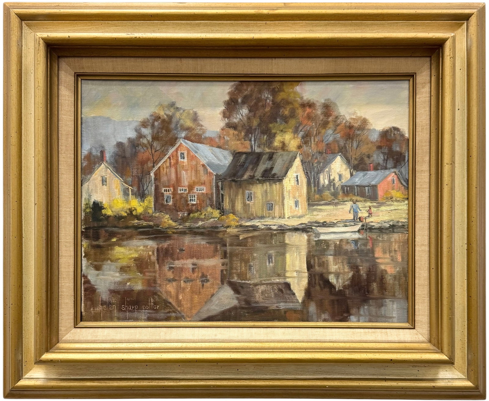 HELEN SHARP POTTER (1926-2018, Massachucetts) White Rowboat, Brookfield: Oil painting on canvas 16 x 12 in, 23 1/4 x 19 1/4 in (framed). Domestic Flat Shipping Price: $55