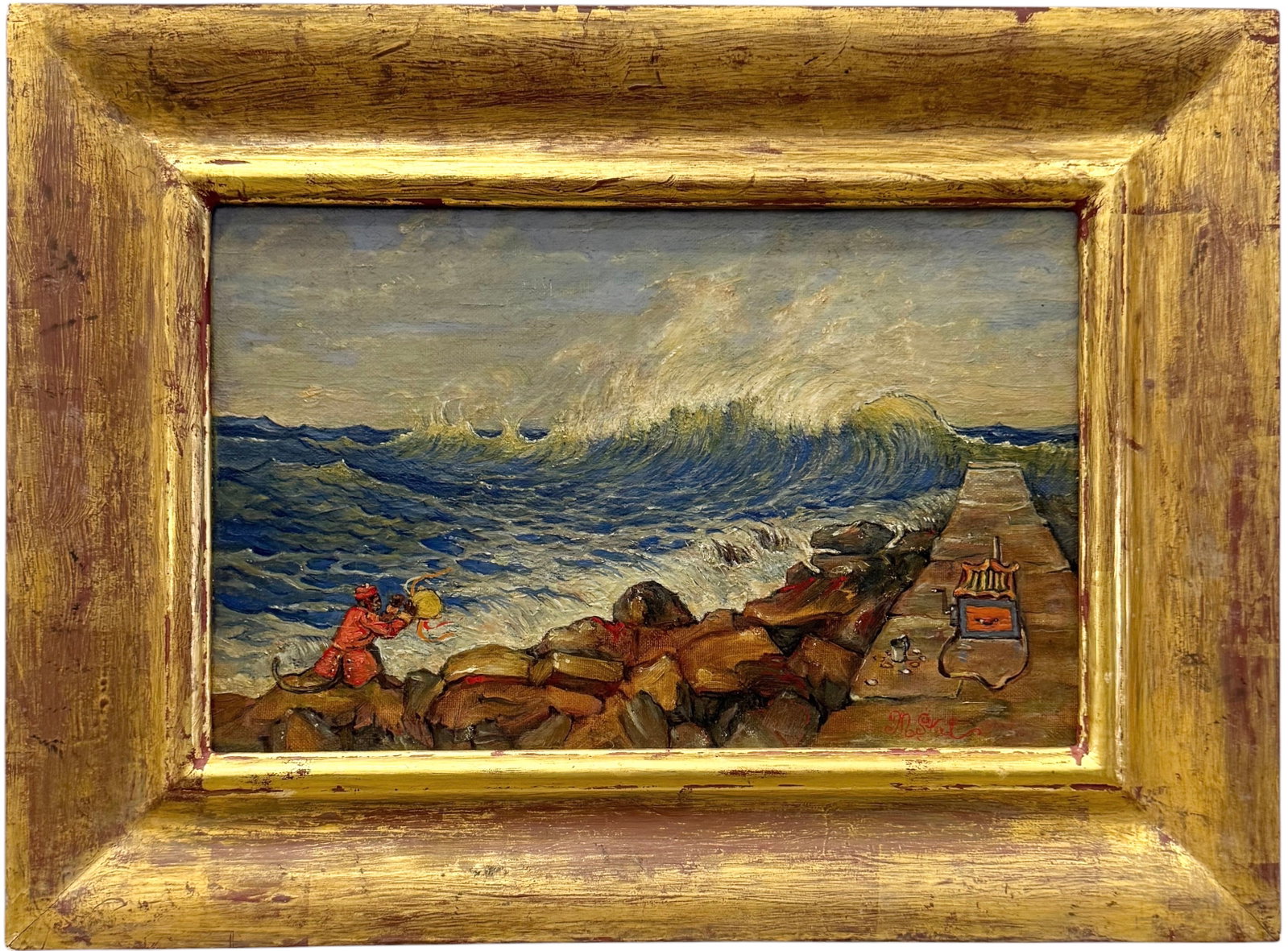 MARVIN STEEL (b. 1936, American) Crashing Waves With Monkey, Exhibited: Oil painting on canvas 14 x 9 in, 19 1/2 x 14 1/2 in (framed). Domestic Flat Shipping Price: $55