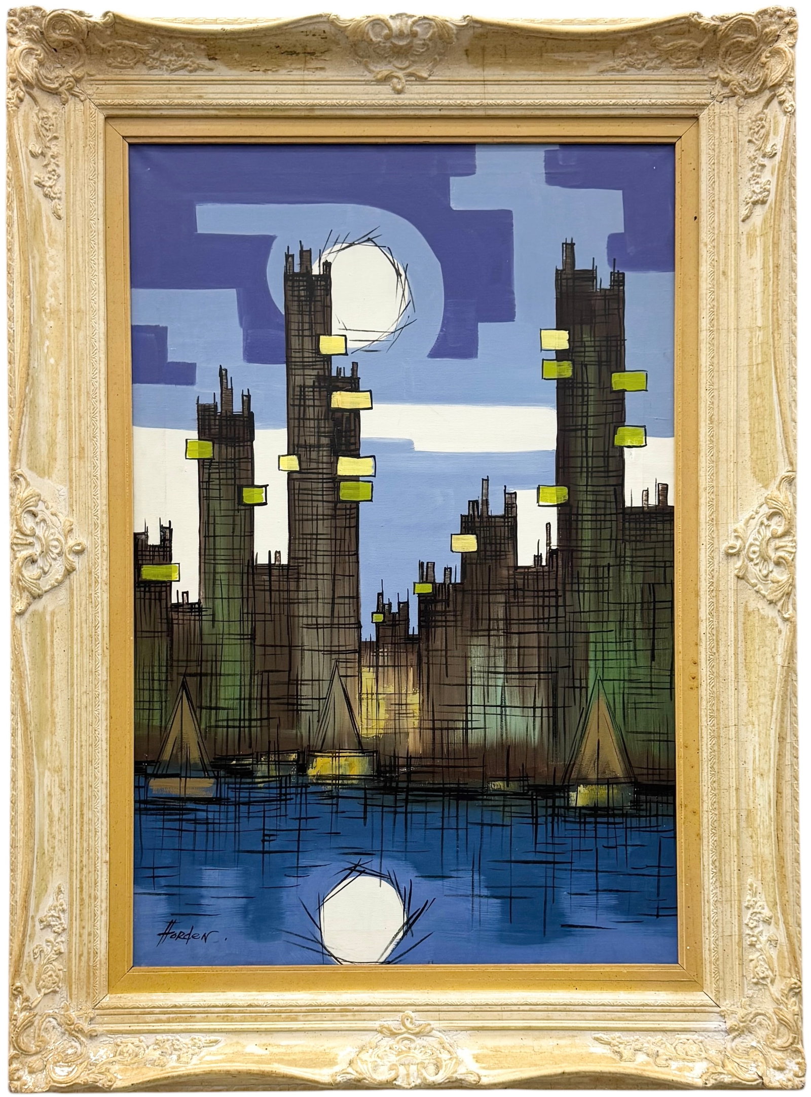 Mid-Century Modern Abstract Cityscape Harbor Scene Signed Oil On Canvas (1 of 3)