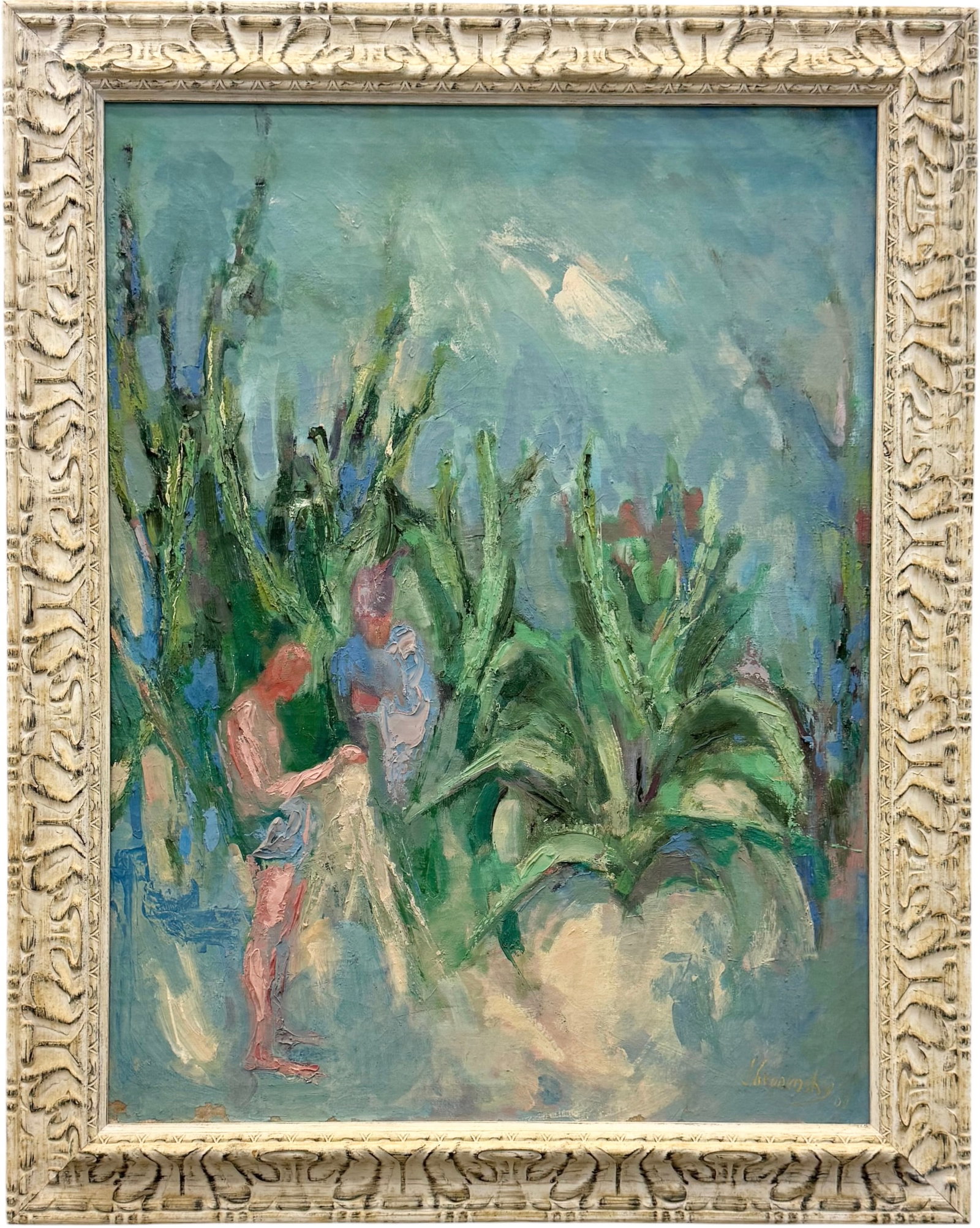 Mid-Century European School Figures In Landscape Signed Modernist Painting: Possibly Russian. Oil painting on canvas 37 x 28 in, 44 x 35 in (framed). Domestic Flat Shipping Price" $180