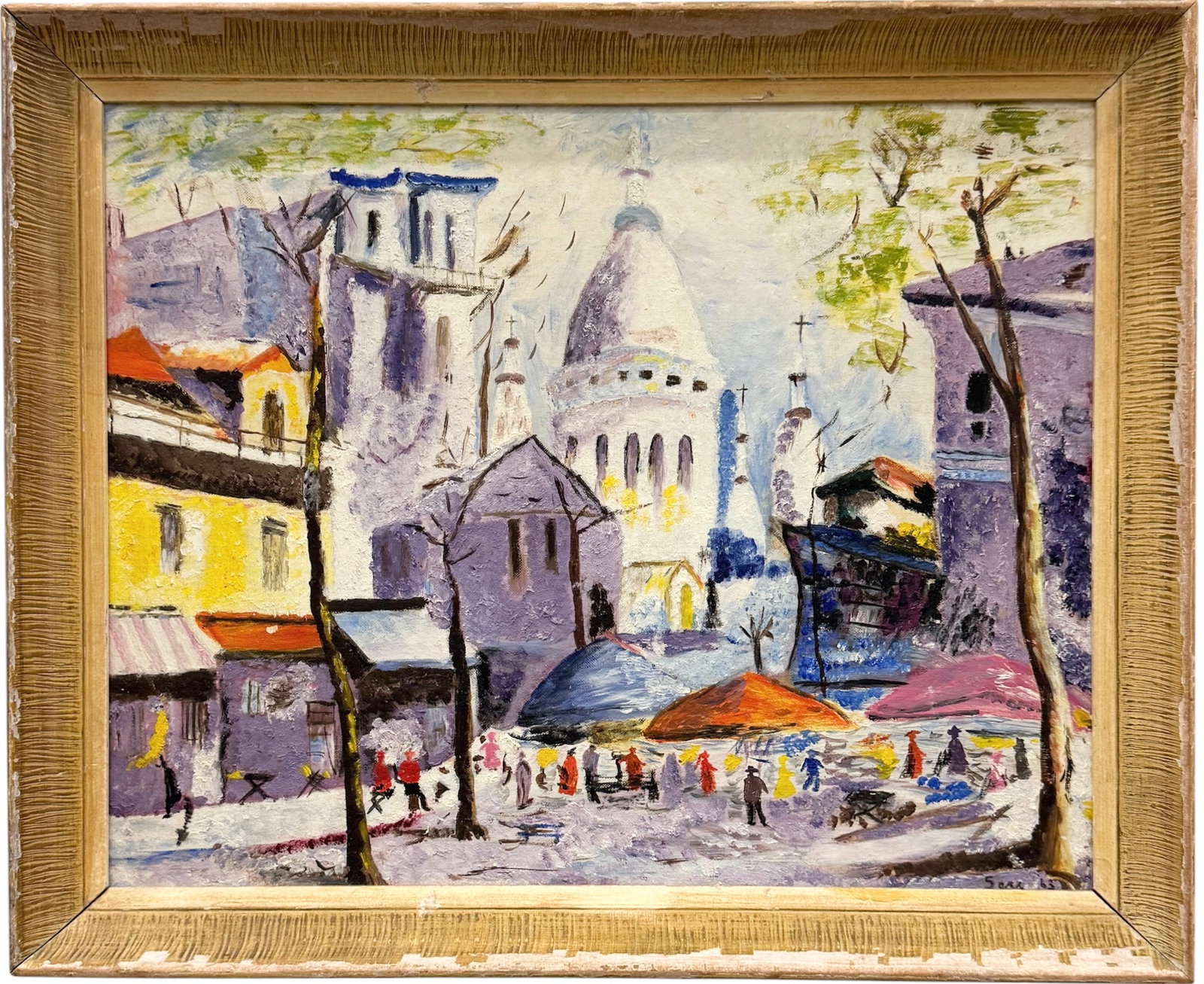 Mid-Century Paris School Modernist Signed Montmartre Street Scene: Oil painting on canvas board 16 x 20 in, 18 1/2 x 22 1/2 in (framed). Domestic Flat Shipping Price: $60