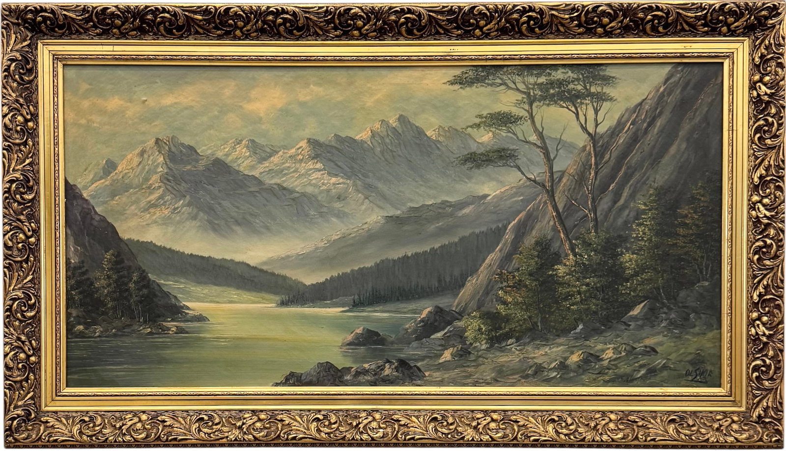 Early 20th Century Large Mountain Landscape With River Signed Oil On Canvas: Signed Olshof. Oil painting on canvas 48 x 24 in, 56 x 32 in (framed). Domestic Flat Shipping Price: $320 *Oversized item