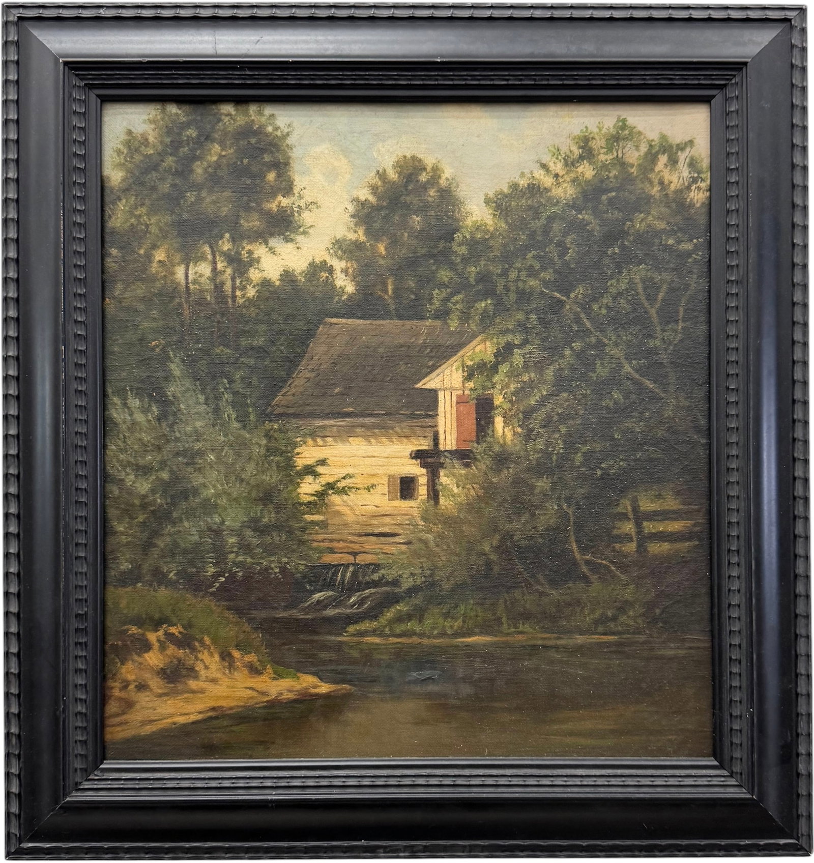 19th Century American School Rustic Watermill River Landscape Oil Painting: Oil painting on canvas 15 x 14 in, 19 x 18 in (framed). Domestic Flat Shipping Price: $60