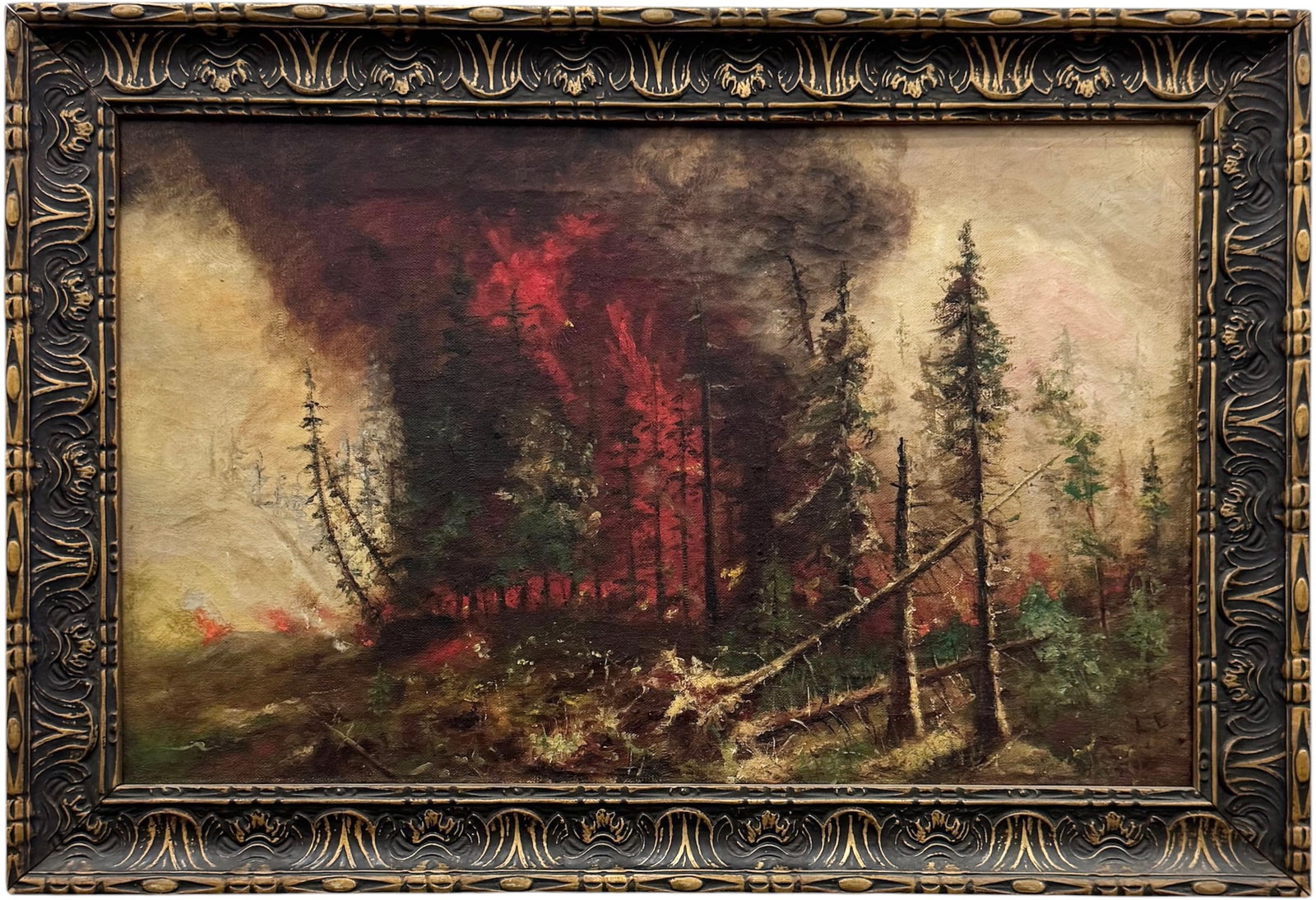 Early 20th Century Forest Fire Painting Signed With Monogram Oil On Canvas: Oil painting on canvas 16 x 10 in, 19 x 13 in (framed). Domestic Flat Shipping Price: $55