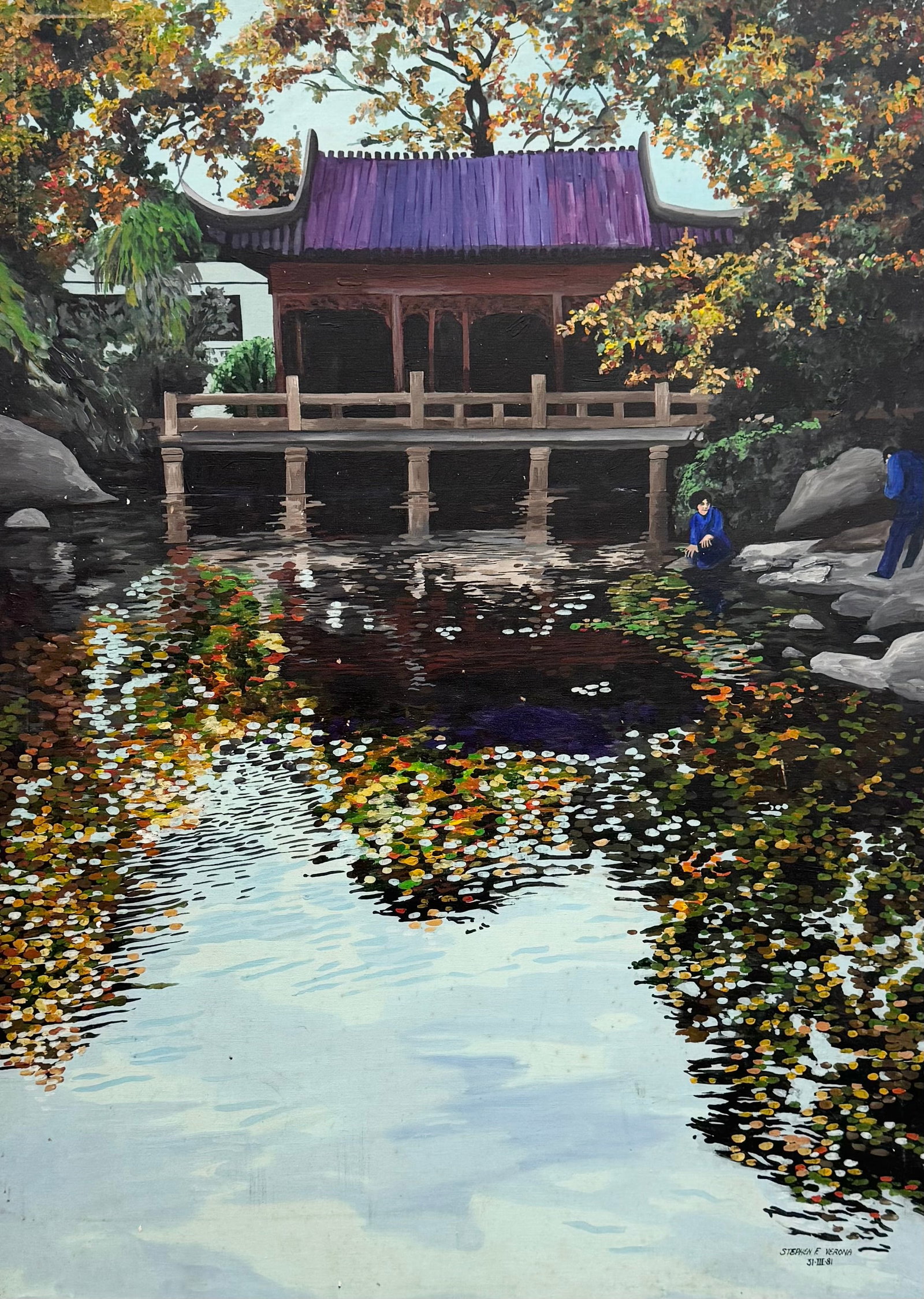 STEPHEN VERONA (b. 1940, American) Autumn Leaves 1981: Oil painting on canvas 50 x 36 in. Domestic Flat Shipping Price: $360 (Oversized item)