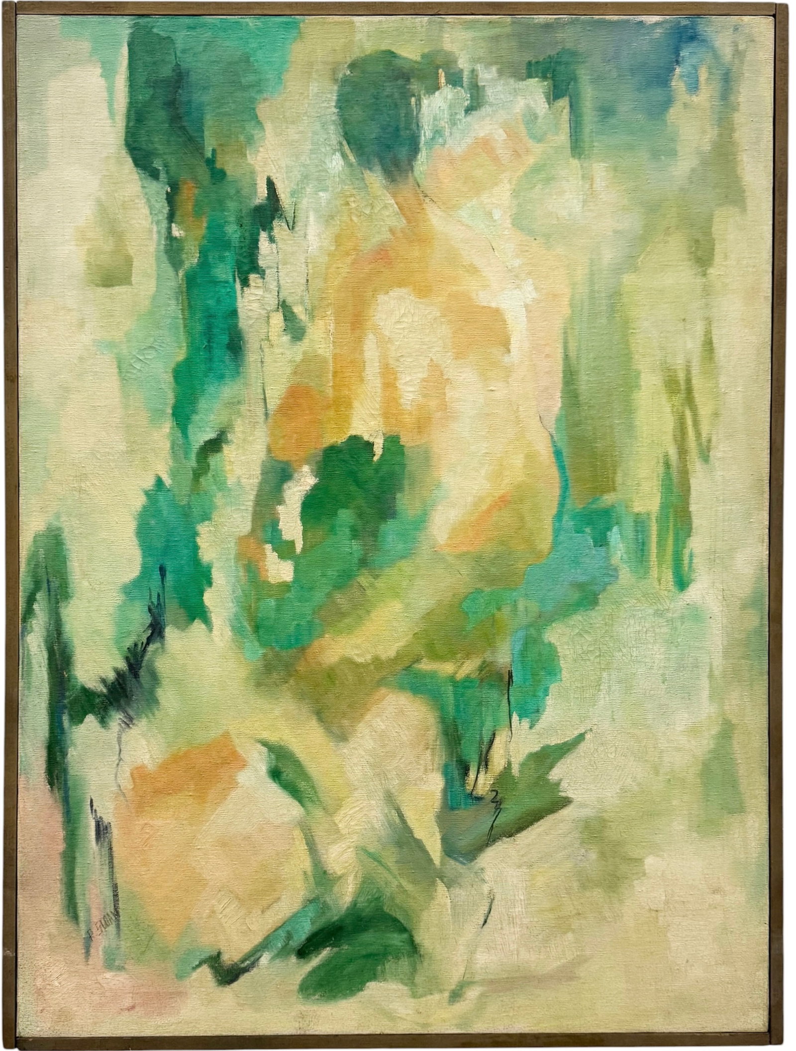 Mid-Century American Modernist Figural Abstract Painting Signed Sloan: Oil painting on canvas 35 x 26 in, 36 x 27 in (framed). Domestic Flat Shipping Price: $90