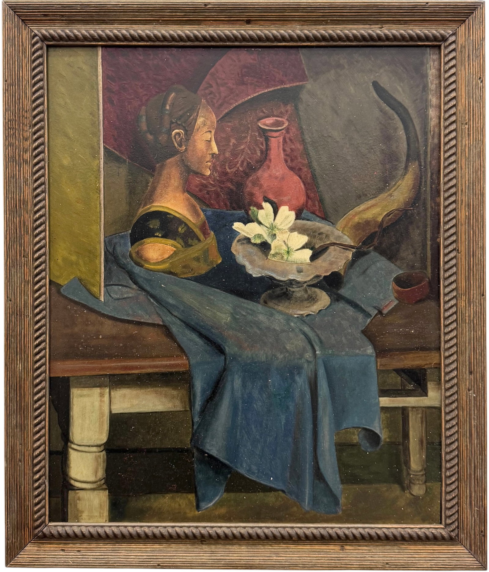 Mid-Century Modernist Still Life With Female Bust & Curved Horn Oil On Board Painting (1 of 3)
