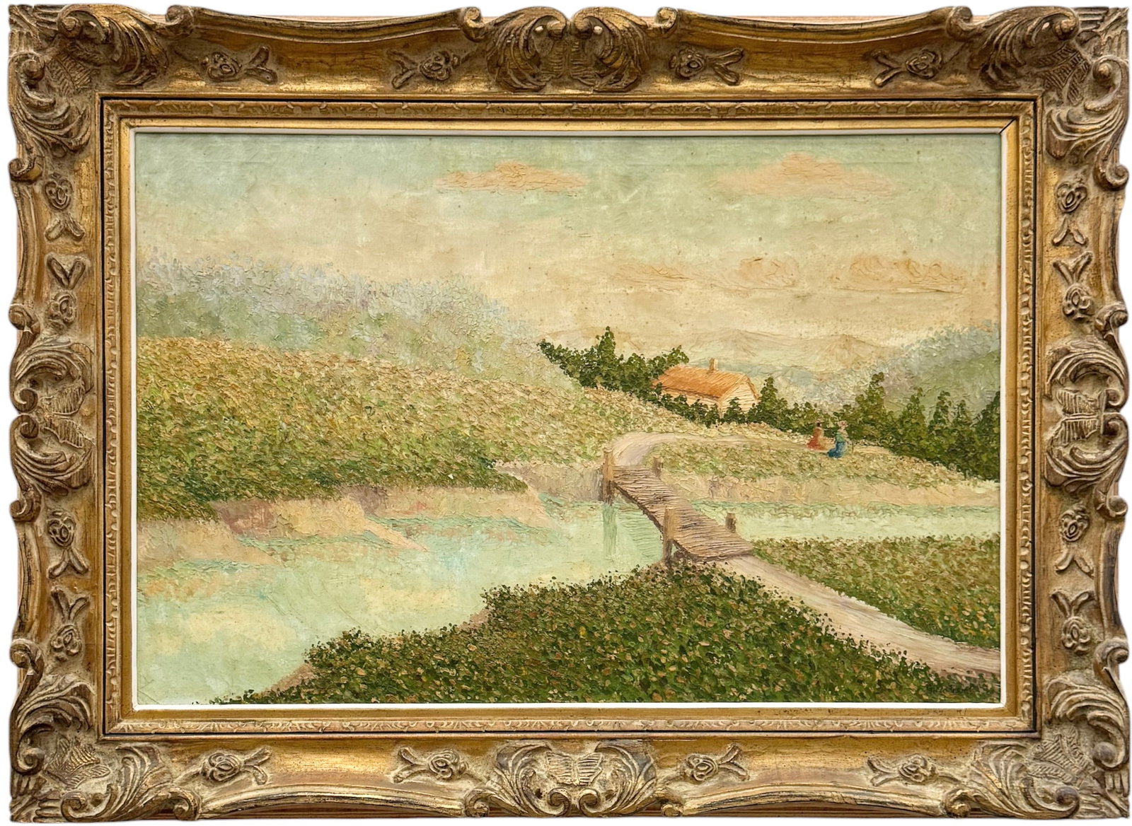 Large Signed Impressionist Belgian Landscape With Figures Oil On Canvas: Oil painting on canvas 36 x 24 in, 44 1/2 x 32 1/2 in (framed). Domestic Flat Shipping Price: $110