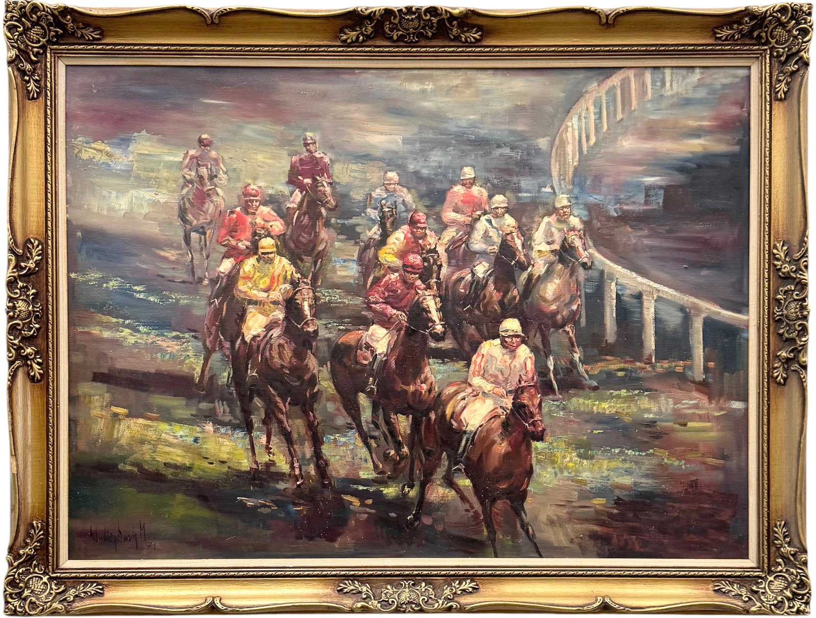 Large Mid Century Impressionist Horse Racing Scene Signed Oil On Canvas (1 of 4)