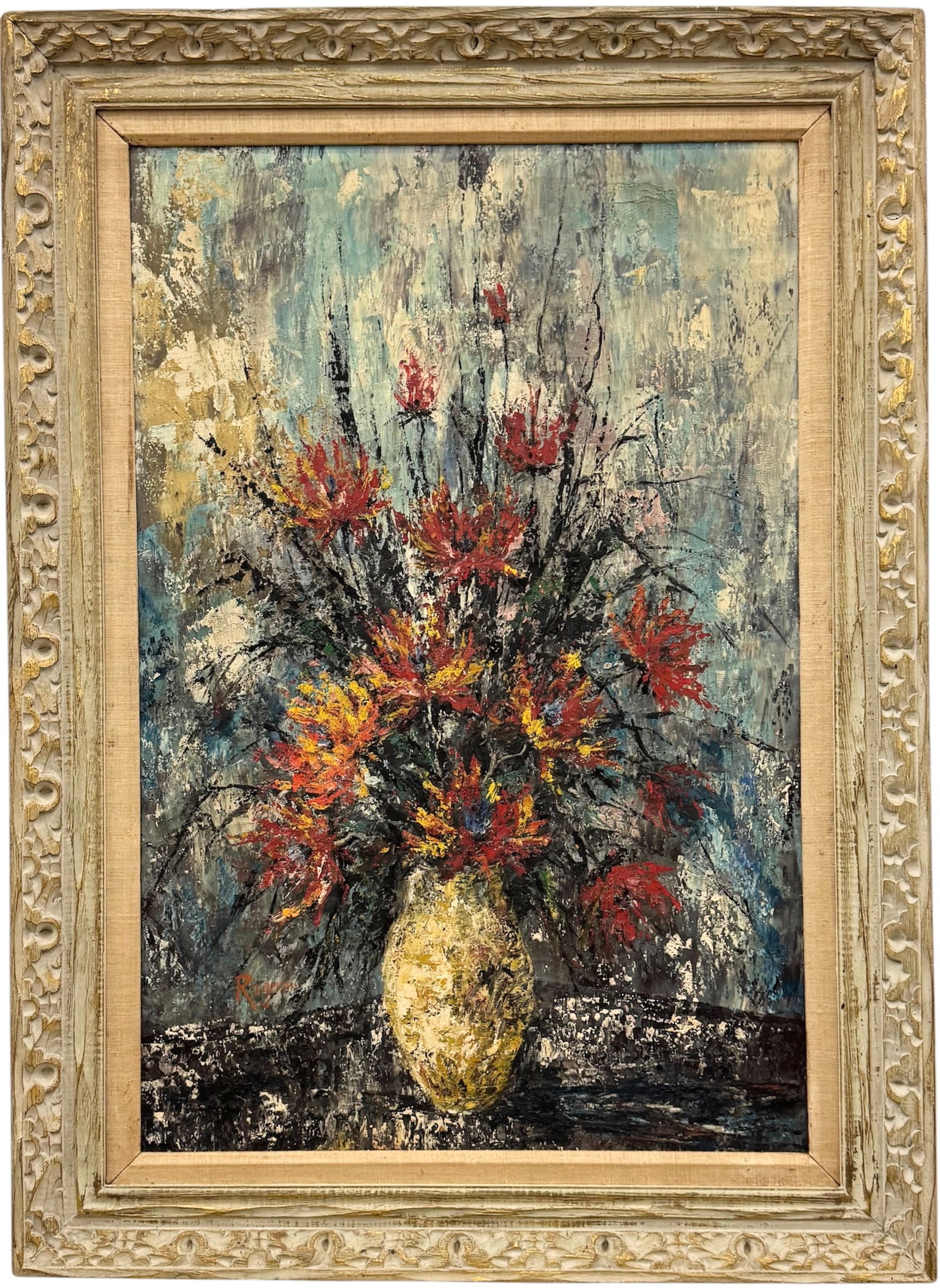 Large Mid-Century Modern Floral Still Life Painting Signed Oil On Canvas: Oil painting on canvas 36 x 24 in, 44 1/2 x 32 1/2 in. Domestic Flat Shipping Price: $140