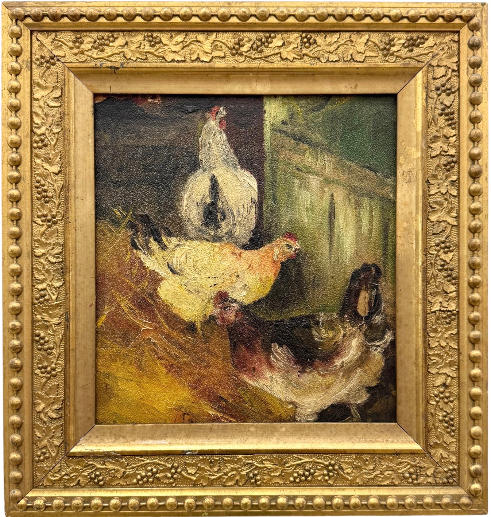 19th Century Impressionist Painting Of Chickens Oil On Academy Board: Oil painting on academy board 9 1/2 x 10 1/2 in, 14 1/2 x 15 1/2 in (framed). Domestic Flat Shipping Price: $45