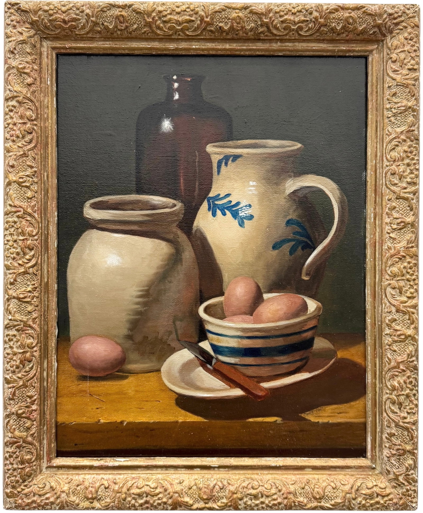 Nicely Framed American Still Life With Eggs Signed Oil On Canvas: Oil painting on canvas 18 x 14 in, 22 x 18 in (framed). Domestic Flat Shipping Price: $55