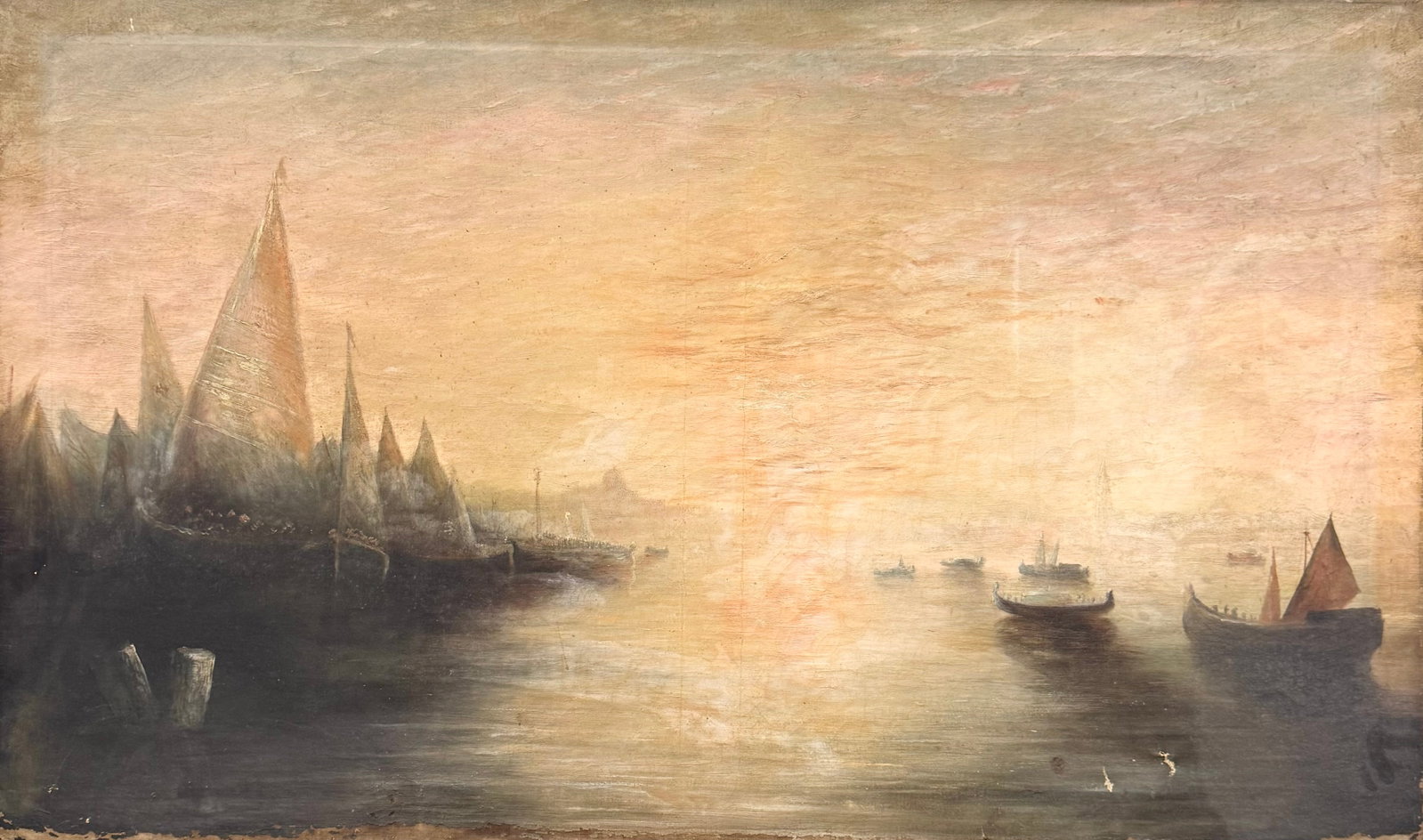 19th Century English School Luminist Harbor Scene Oil On Canvas (1 of 4)