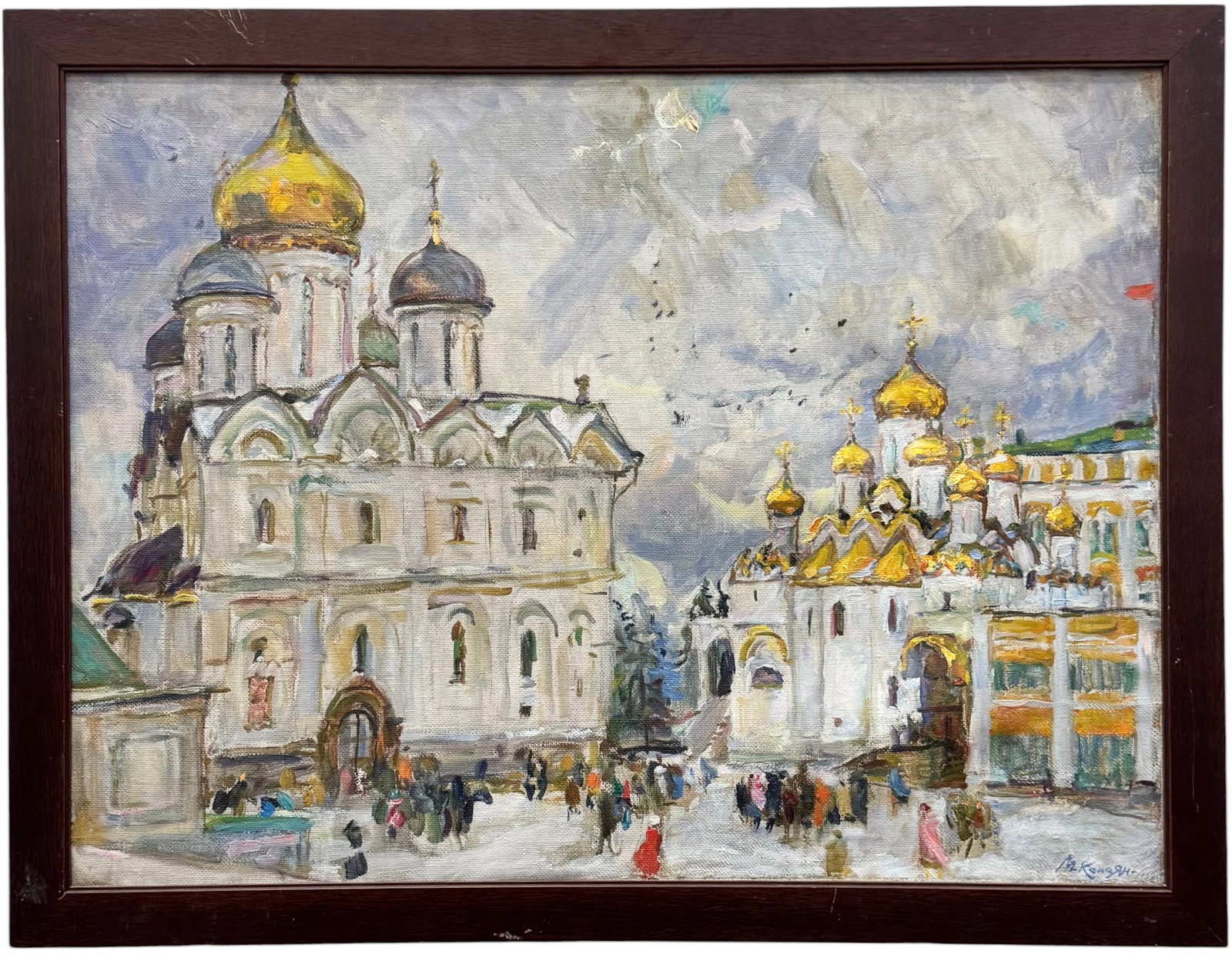 20th c Russian School, Cathedral Square within the Moscow Kremlin Signed Oil