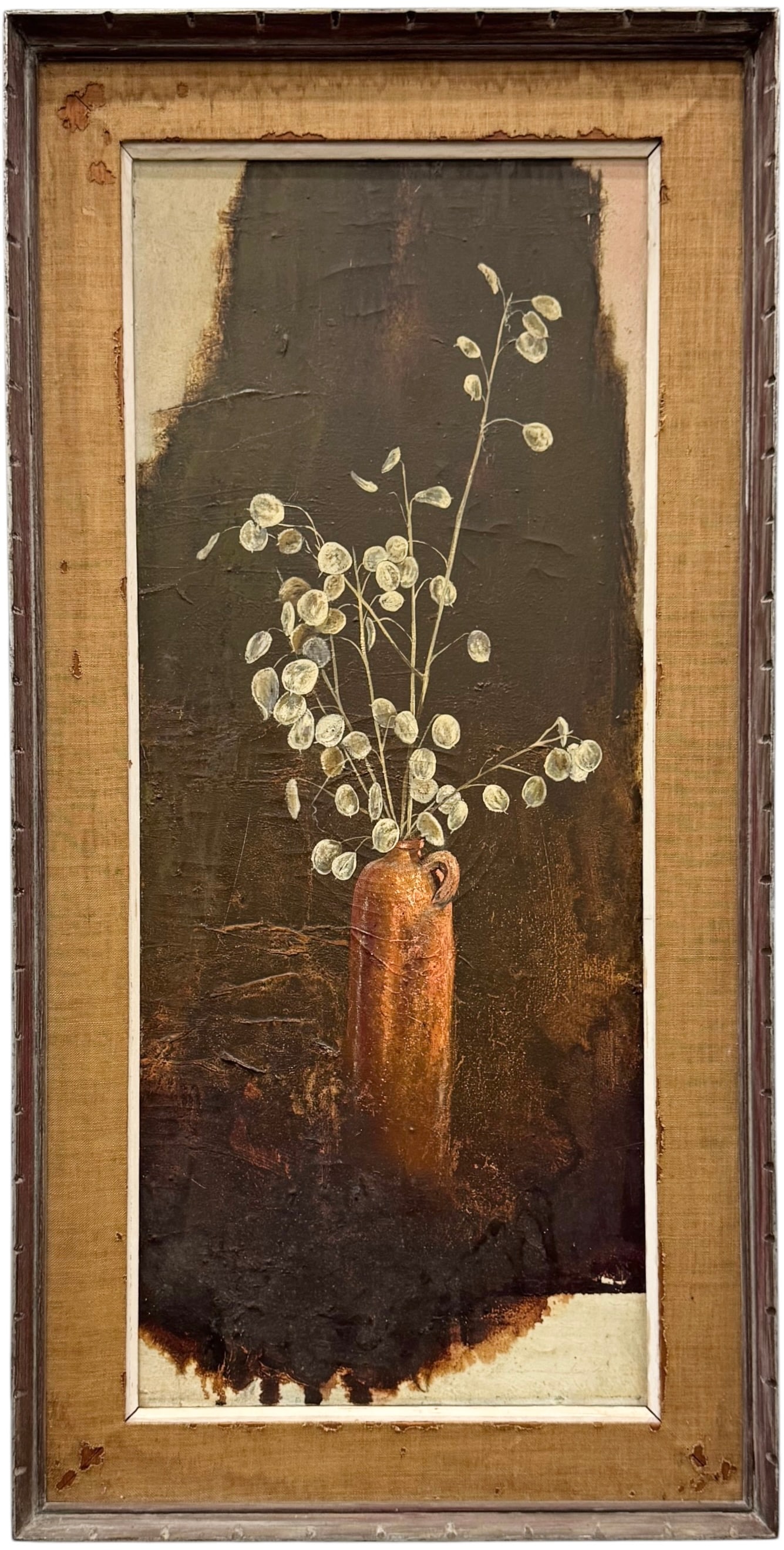 Mid-Century Modernist Lunaria Still Life Signed Oil On Canvas: Signed illegibly. Oil painting on canvas 36 x 15 in, 42 1/2 x 21 1/2 in (framed). Domestic Flat Shipping Price: $90