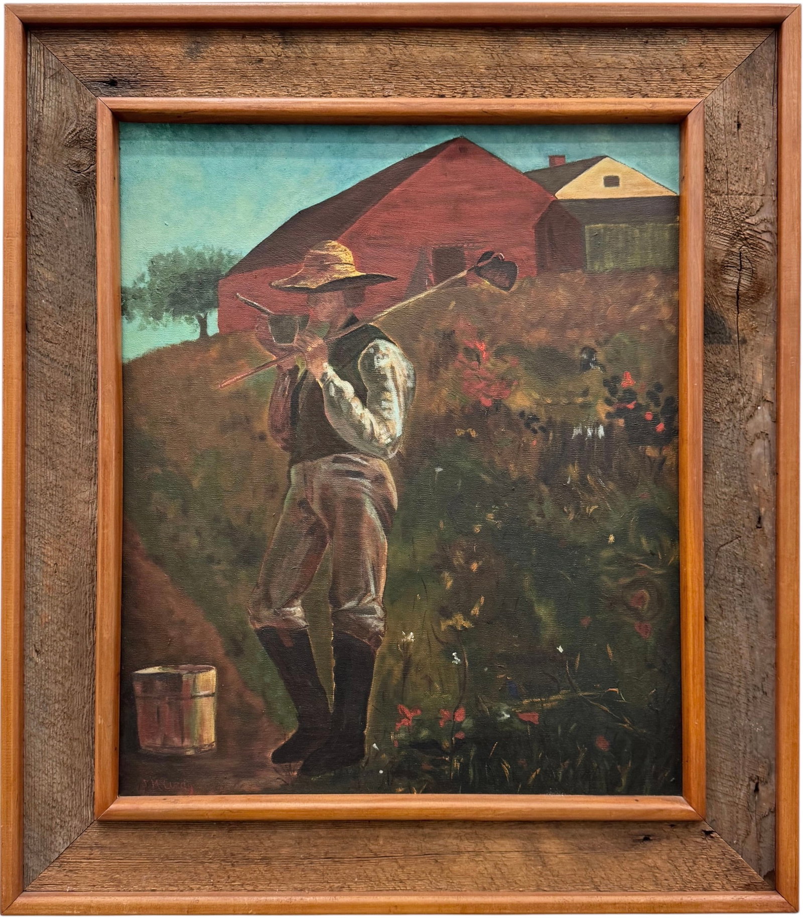 Circa 940's American Regionalist, Farmer Standing In Landscape, Signed: Oil painting on canvas 24 x 20 in, 31 1/2 x 27 1/2 in (framed). Domestic Flat Shipping Price: $90