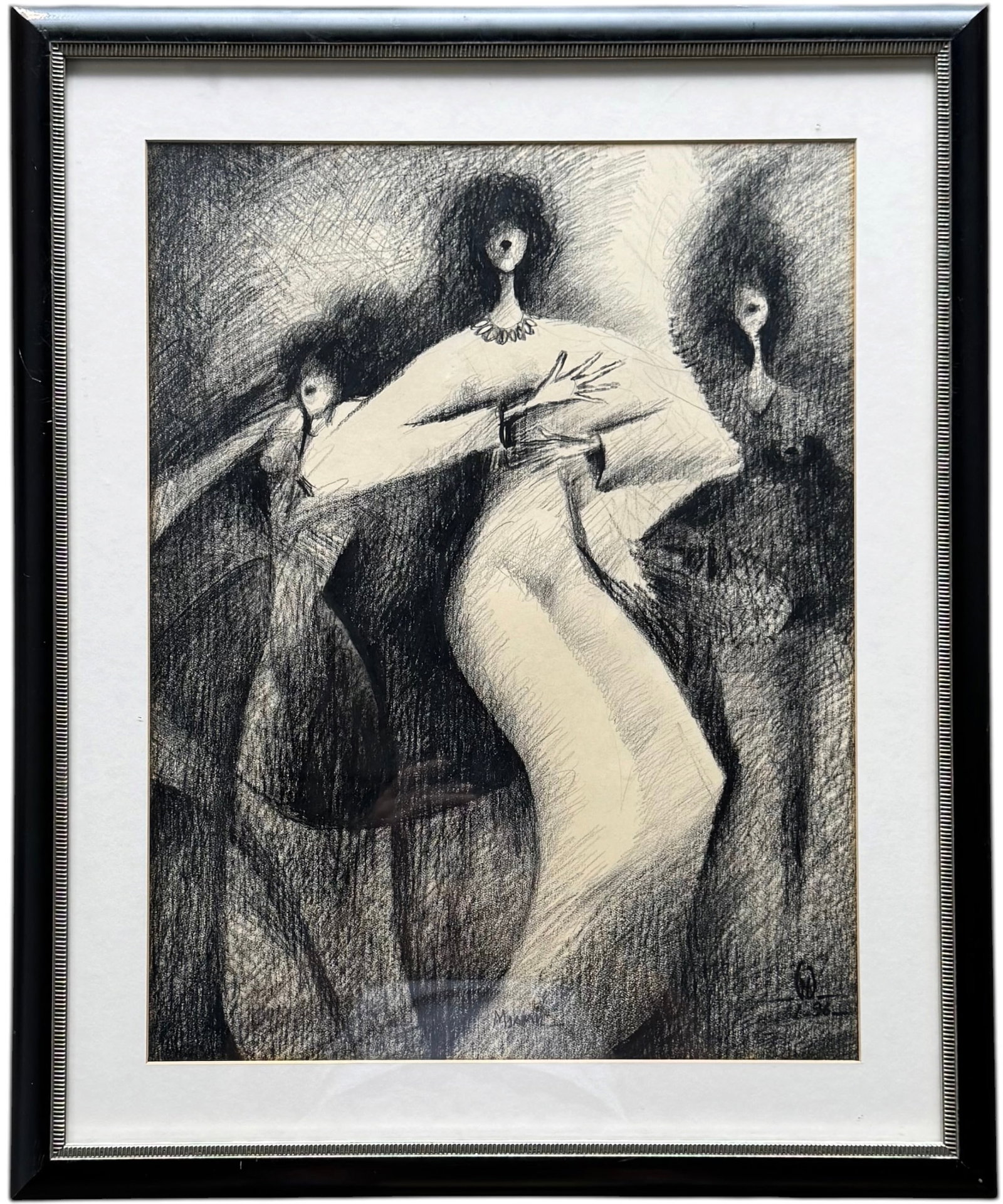 Modernist Charcoal Drawing Of Three Figures Signed With Monogram (1 of 3)