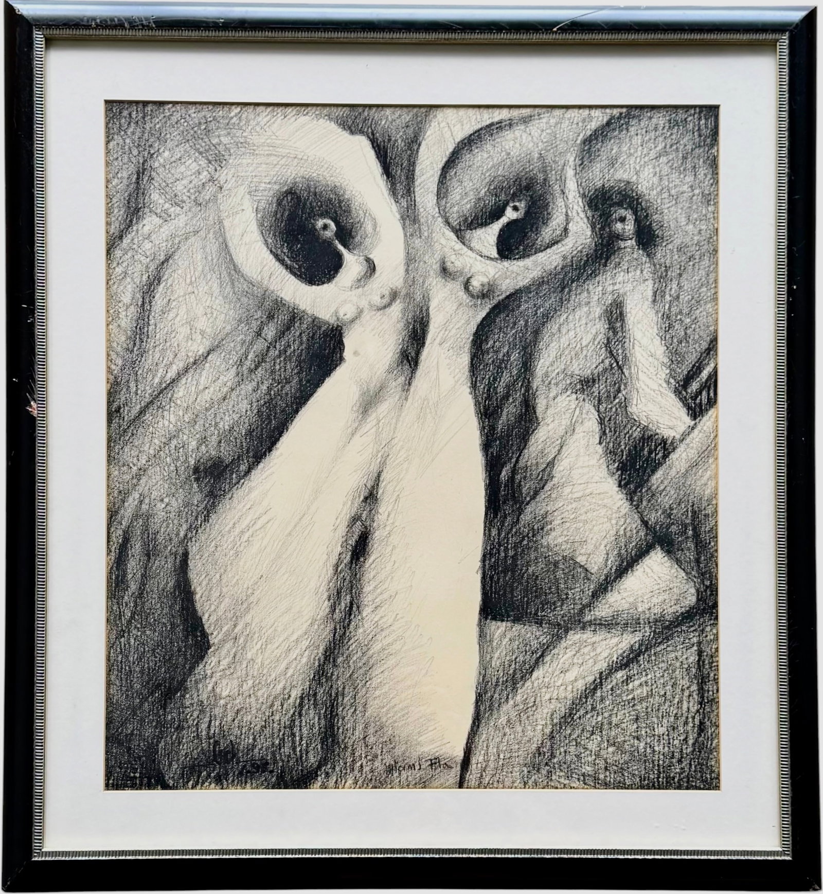 Modernist Charcoal Drawing Of Three Figures Signed With Monogram (1 of 3)