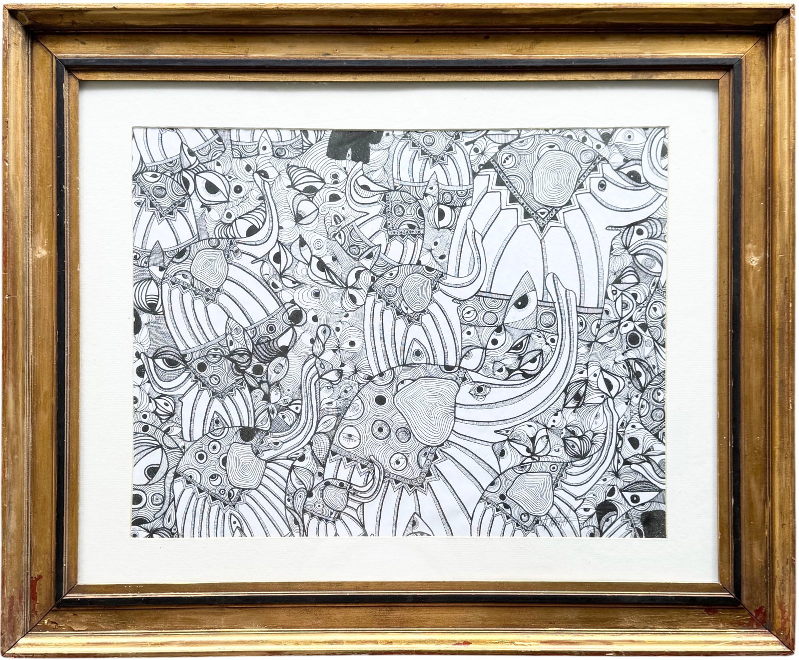 20th c Elephant Zentangle Ink Drawing – Intricate Black & White Doodle Art: Ink on paper 23 x 17 1/2 in (image), 33 1/2 x 27 1/2 in (framed). Domestic Flat Shipping Price: $90