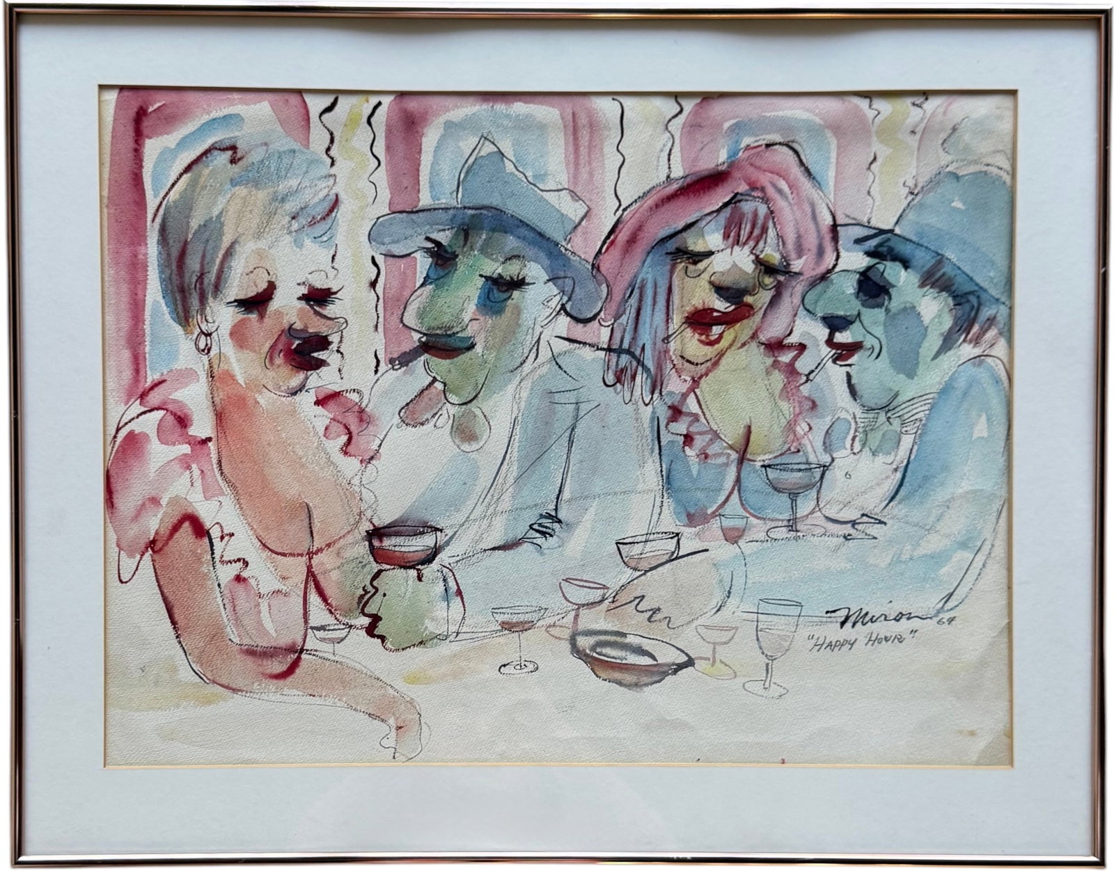 JOE MIRON (1894-1980, American) "Happy Hour", Restaurant Scene, Cape Cod Artist: Mixed media on paper 23 1/2 x 17 1/4 in, 28 1/4 x 22 in (framed).