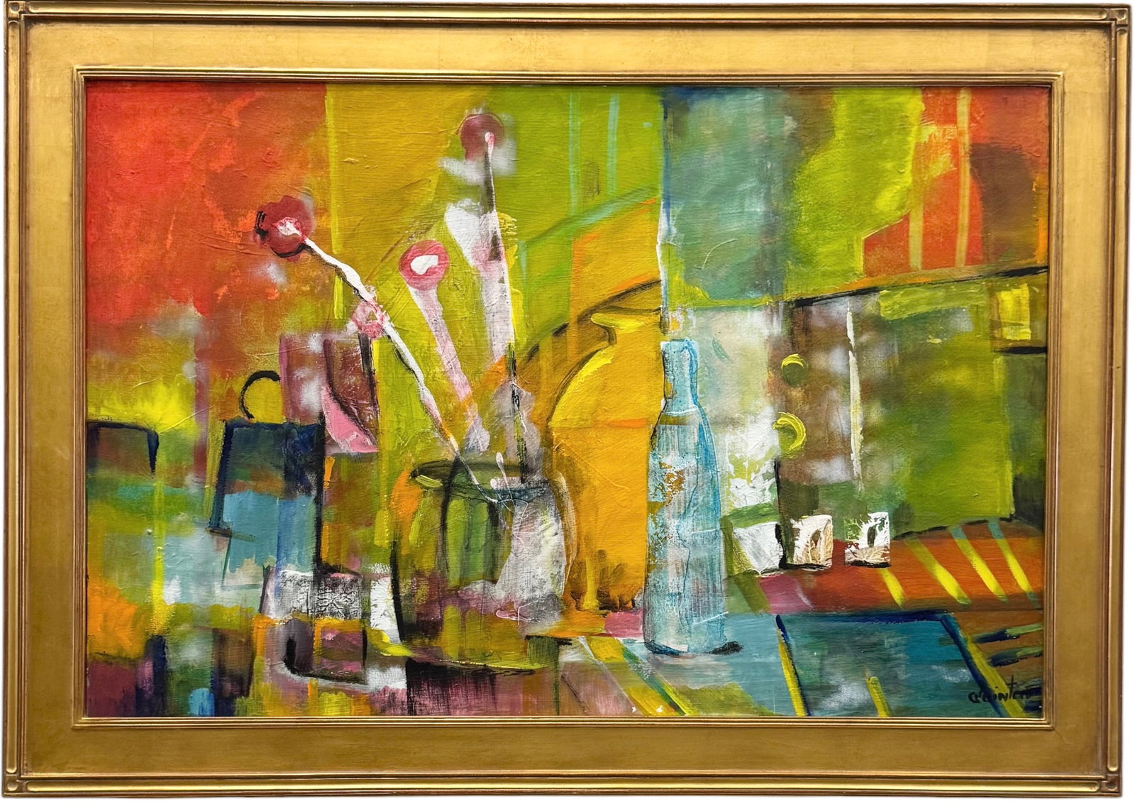 20th c Abstract Expressionist Still Life Paintimg Signed Oil On Canvas: Oil painting on canvas 35 1/2 x 23 1/2 in, 41 1/2 x 29 1/2 in (framed). Domestic Flat Shipping Price: $110