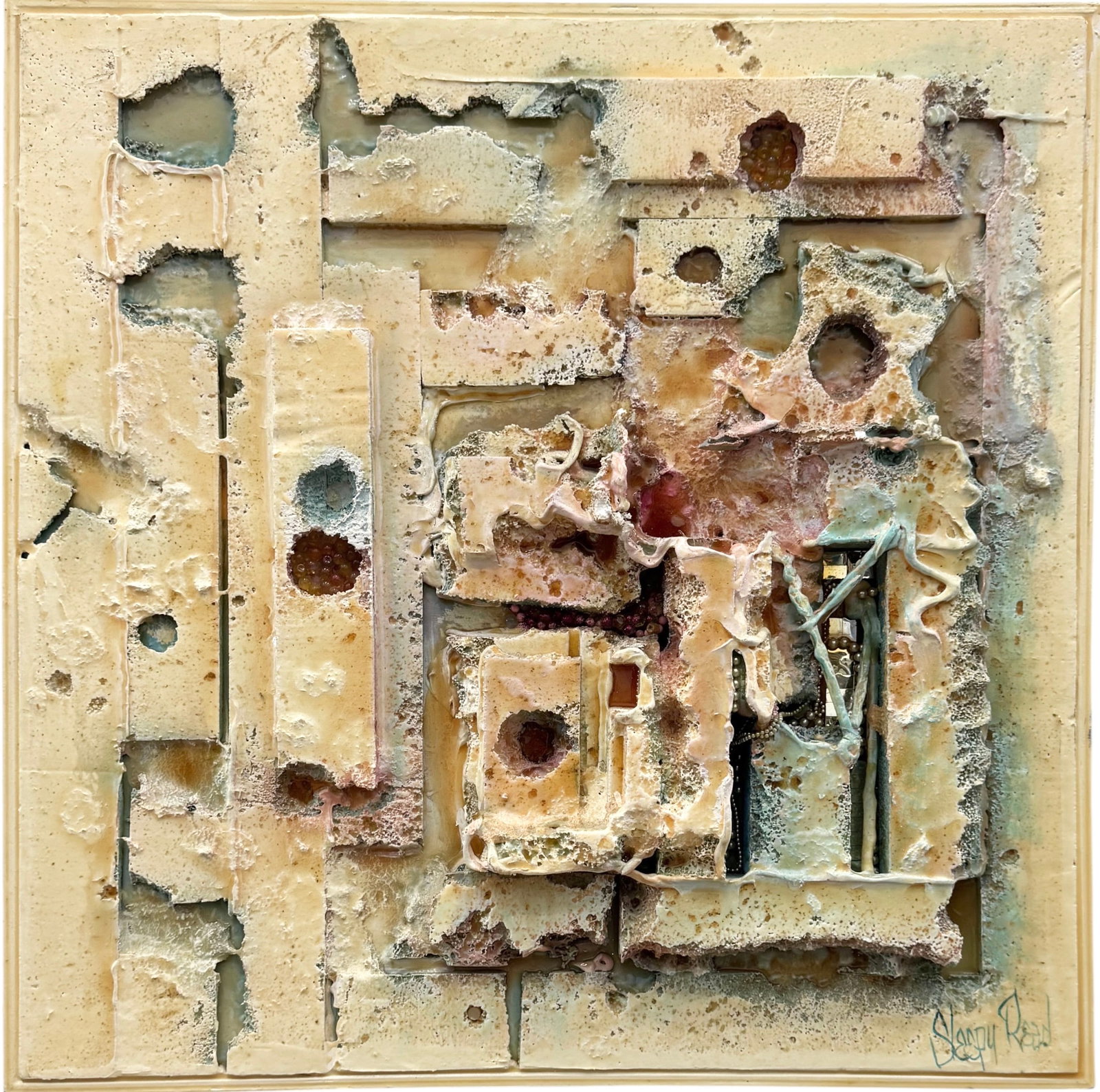 SLEEPY READ (20th c, Texas) Large Abstract: Mixed media 37 x 37 in. Domestic Flat Shipping Price: $130