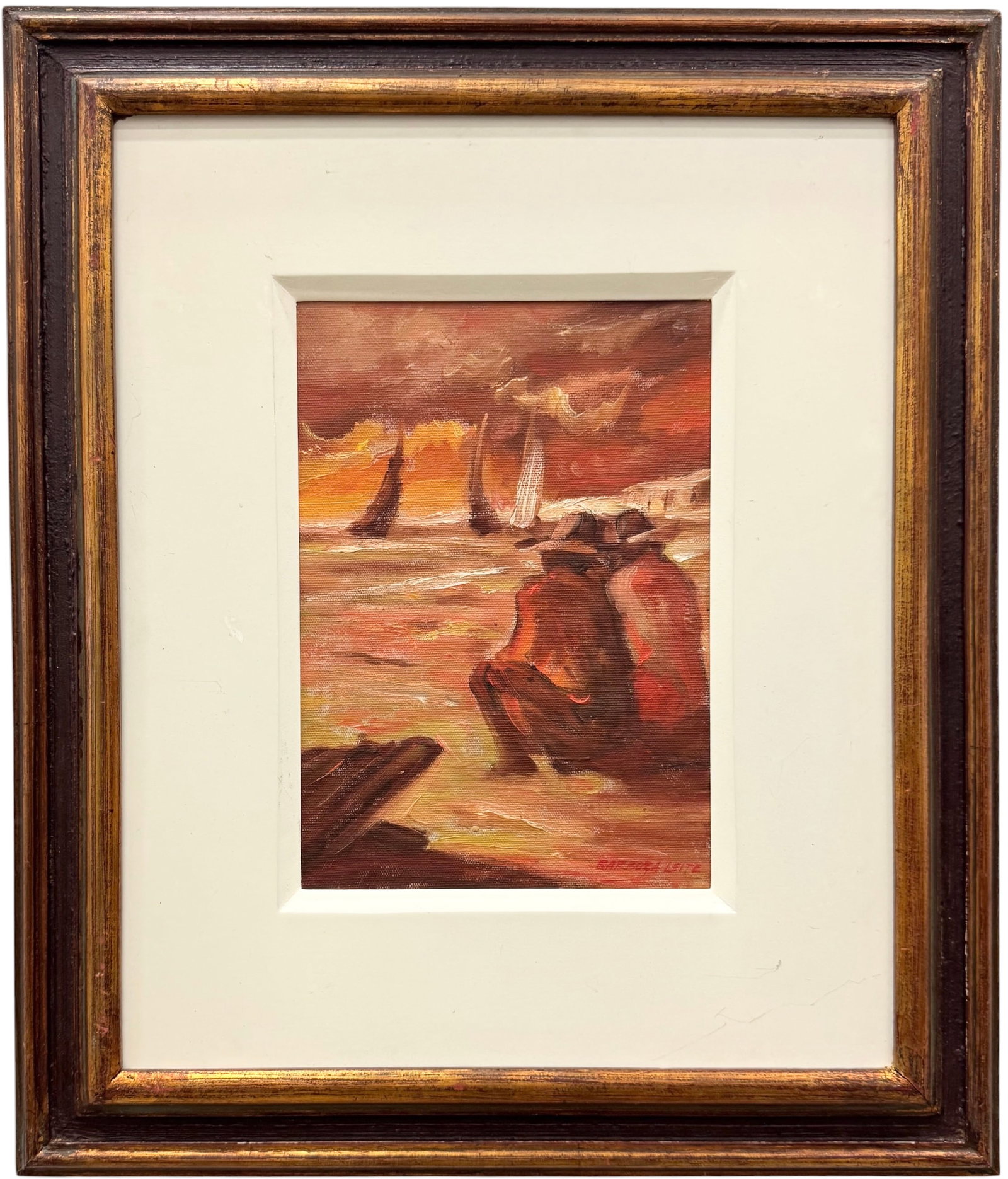 BARBOZA LEITE (20th c, Brazilian) Impressionist Figures On Beach: Oil painting on board 10 1/4 x 7 1/2 in, 19 1/2 x 16 1/2 in (framed). Domestic Flat Shipping Price: $55