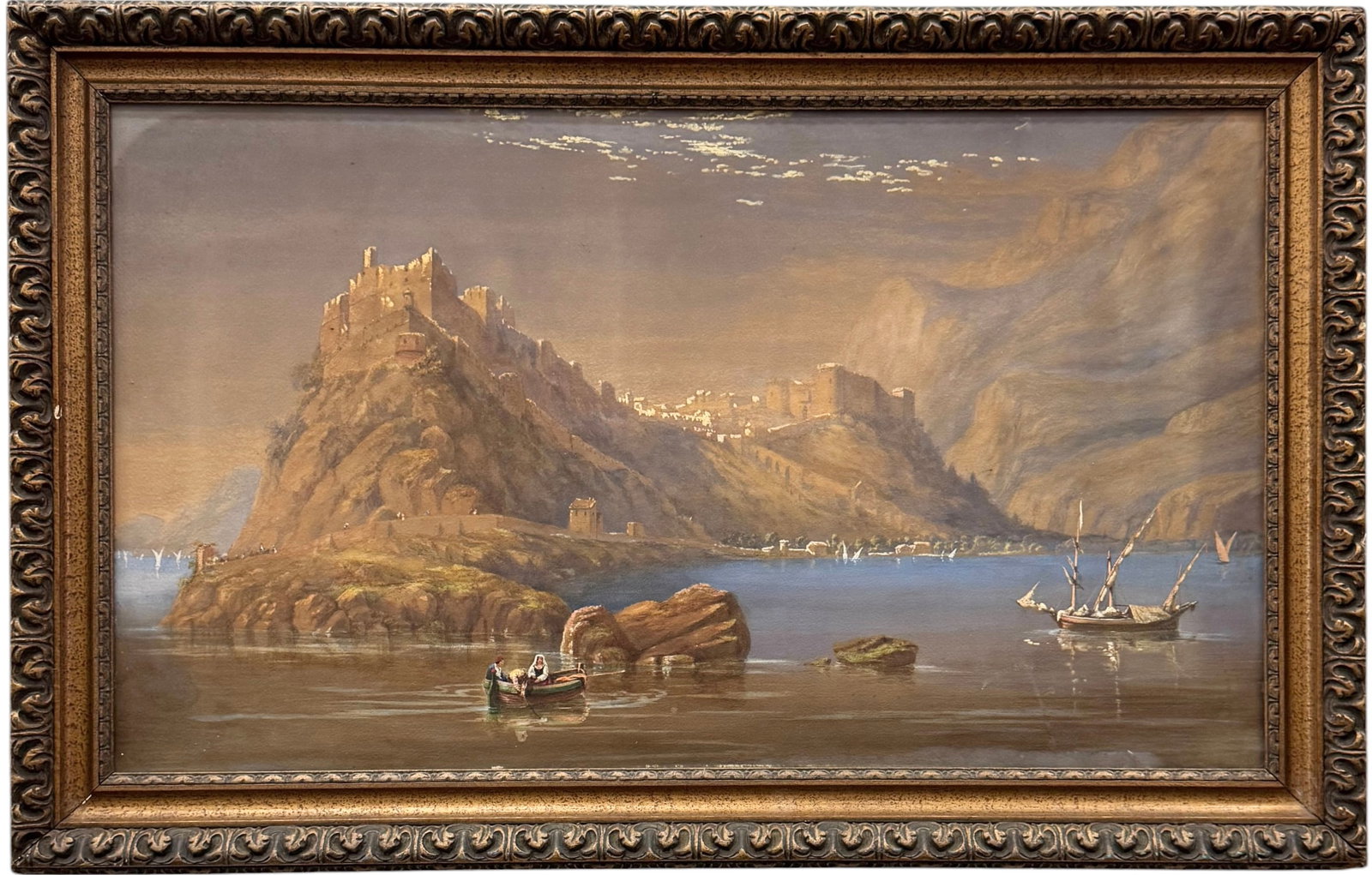 19th Century Italian School Neopolitan Gouache Coastal Landscape With Castle: Gouache34 laid on board 34 3/4 x 20 1/4 in, 41 1/4 x 26 in (framed). Domestic Flat Shipping Price: $110