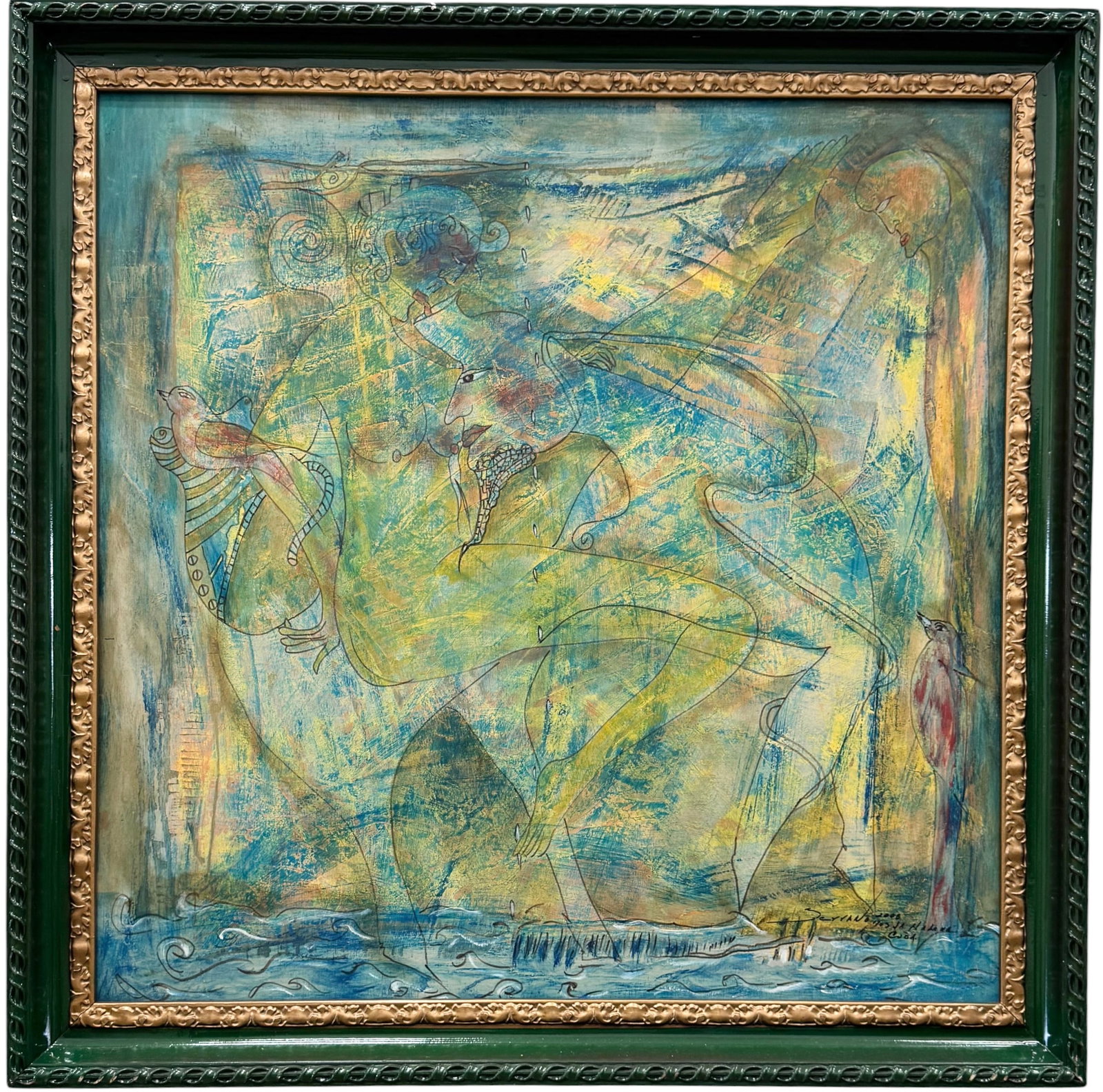 ANDRES SERRANO (20th c, Cuban) Large Quasi-Surrealist Abstract: Acrylic on wood 35 1/2 x 35 1/2 in, 42 x 42 in (framed). Domestic Flat Shipping Price: $280. Oversized item