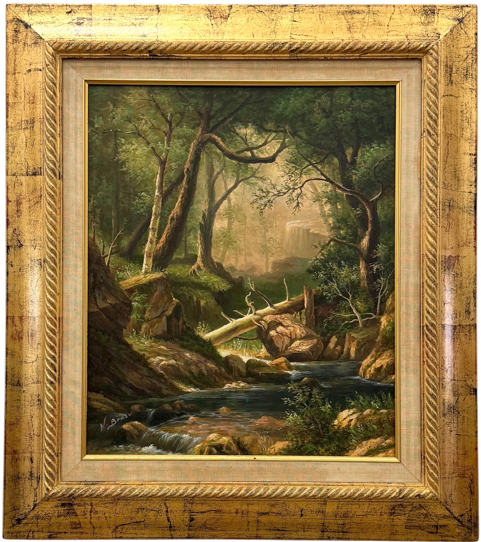 20th Century Luminist Romantic Realism Forest Landscape Signed Oil On Canvas: Oil painting on canvas 24 x 20 in, 34 1/2 x 30 in (framed). Domestic Flat Shipping Price: $110