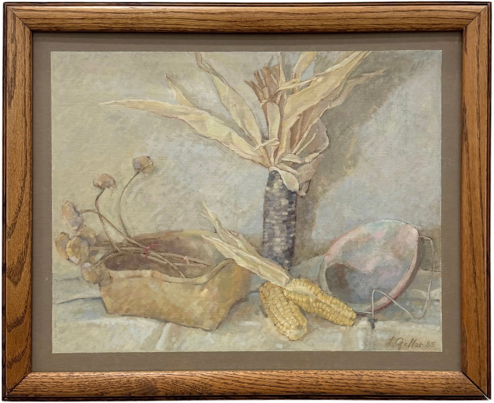 Vintage 1980's American Still Life With Corn Signed GELLER: Oil painting on canvas 20 x 16 in, 22 1/2 x 18 1/2 in (framed). Domestic Flat Shipping Price: $55