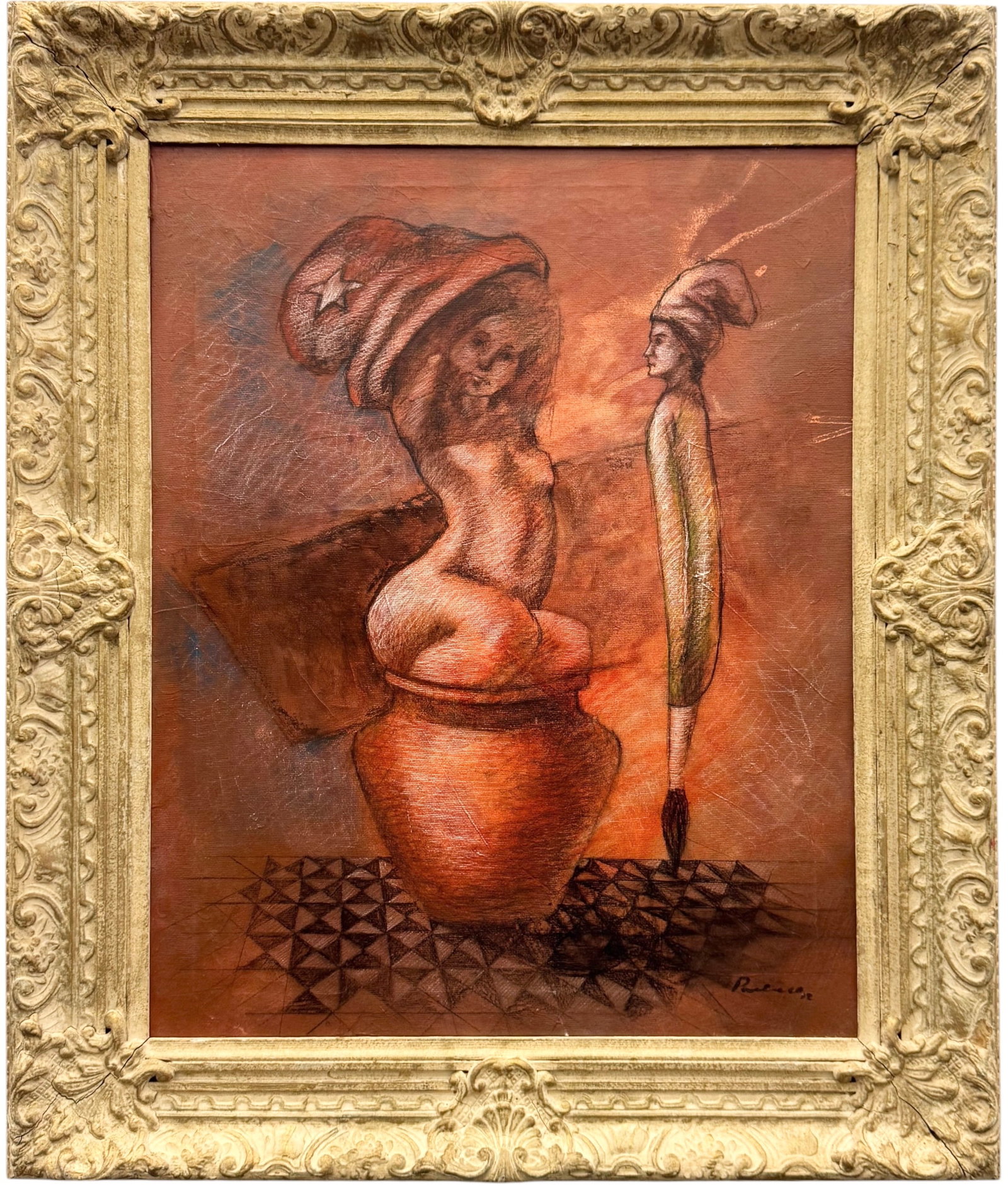 20th c Surrealist Figure Study with Nude and Pierrot Signed Oil On Canvas: Oil painting on canvas 20 x 16 in, 26 x 21 1/2 in (framed). Domestic Flat Shipping Price: $65