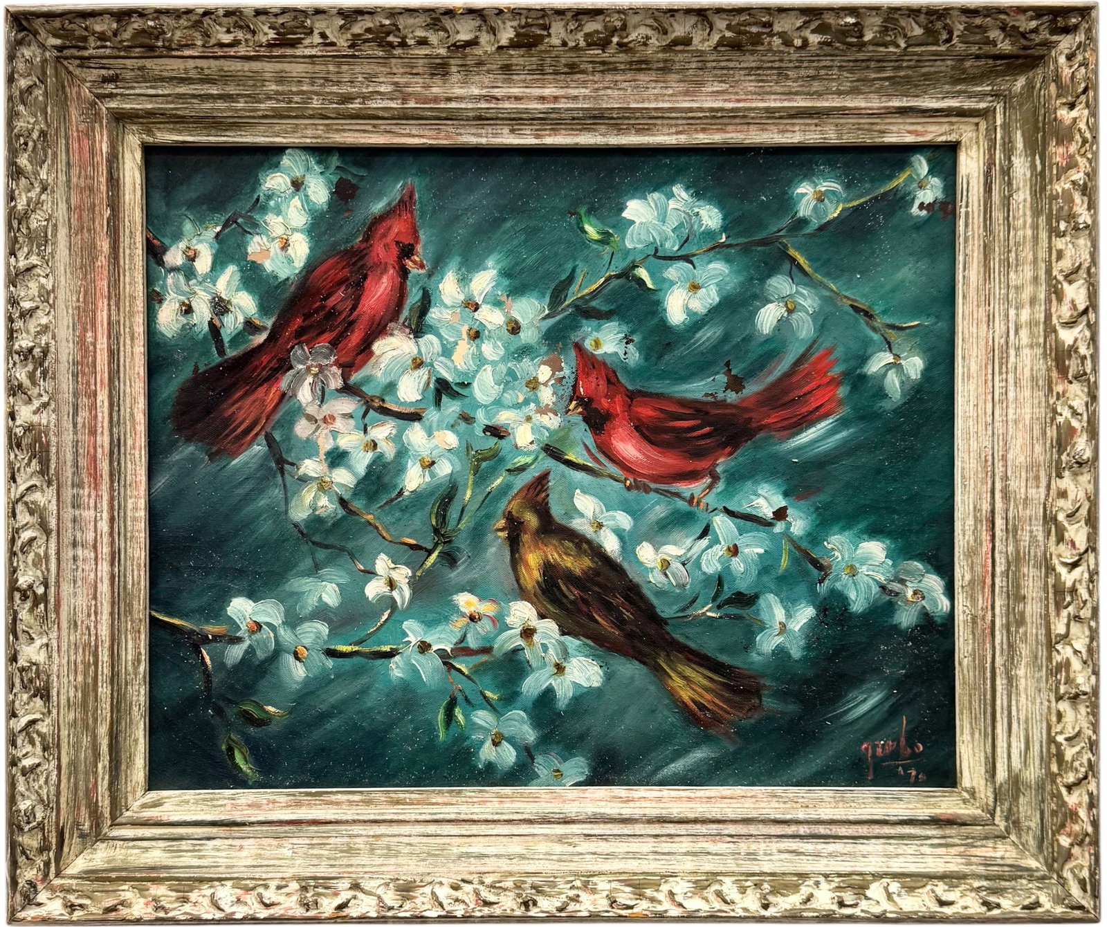 1970's Northern Cardinals Resting Among Spring Blossoms Signed Oil On Canvas: Oil painting on canvas 20 x 16 in, 25 x 21 in (framed). Domestic Flat Shipping Price: $70