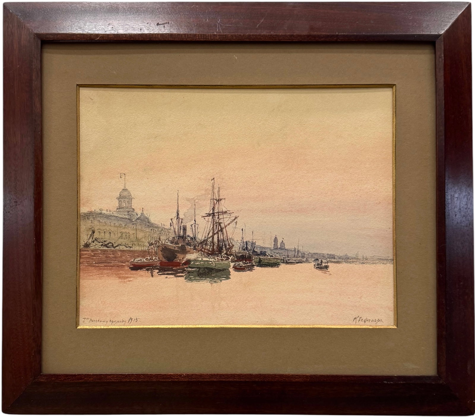 KARL EDUARDOVICH GEFTLER(1853-1918, Russian) St. Petersburg Harbor: Watercolor on paper 12 1/2 x 9 1/2 in, 19 1/4 x 17 in (framed). Domestic Flat Shipping Price: $60