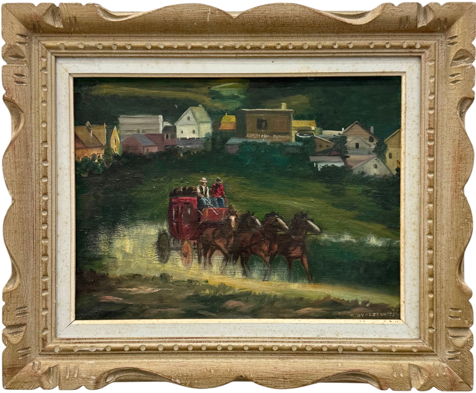 Vintage Mid-Century Western Stagecoach Oil Painting on Canvas, Signed & Dated (1 of 3)
