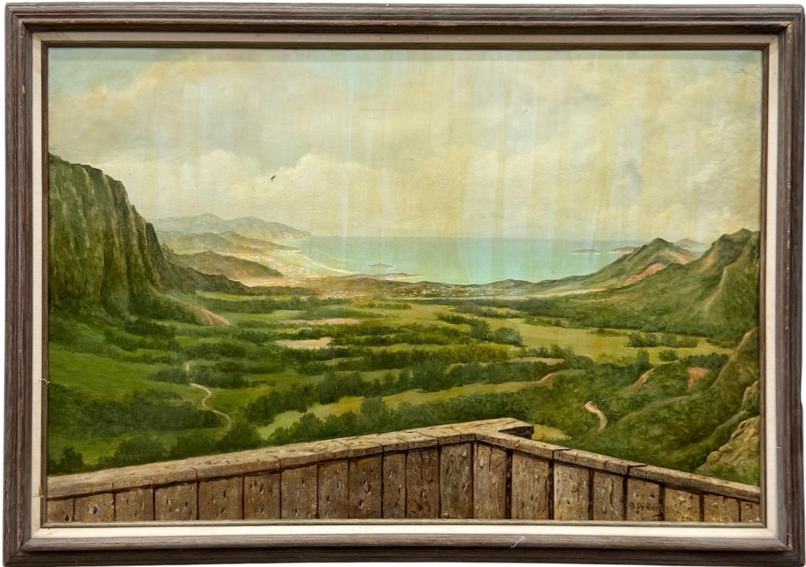 20th c American Panoramic View of Nu'uanu Pali, O'ahu, Hawaii Signed Painting: Oil painting on board 36 x 24 in, 40 x 28 in (framed). Domestic Flat Shipping Price: $110